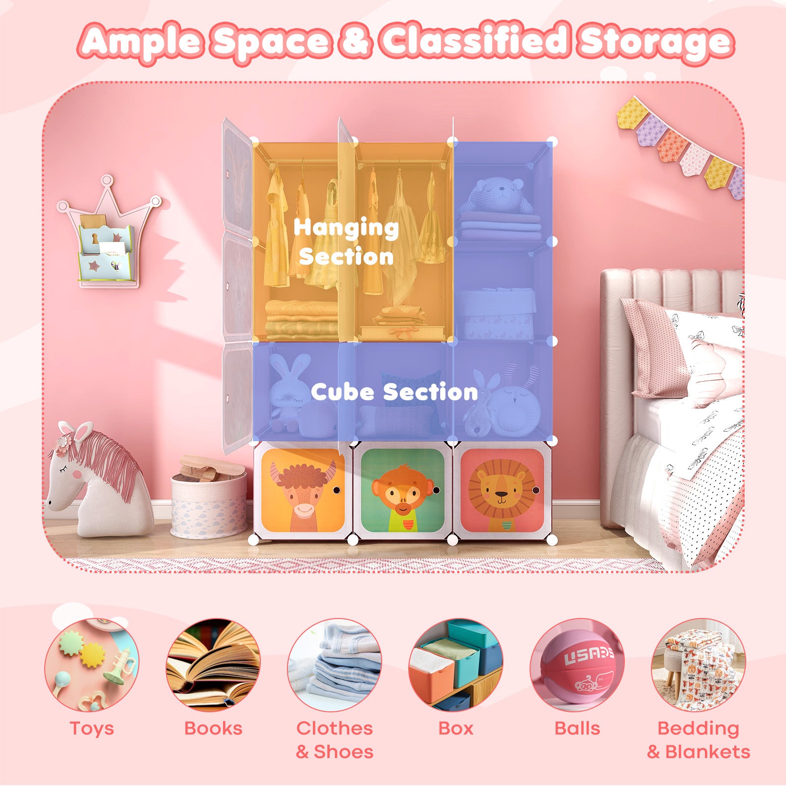 COSTWAY 12-Cube Kids Wardrobe Baby Dresser Bedroom Armoire Clothes Hanging Closet w\u002FDoor