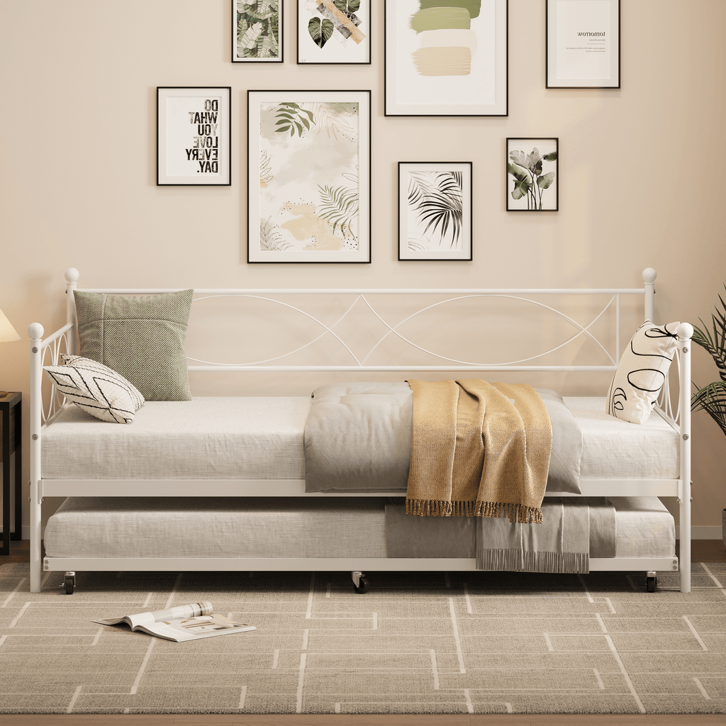 White Metal Twin Daybed with Trundle, Steel Slat Support, Multifunctional Platform Bed Frame for Bedroom, Living Room, Guest Room