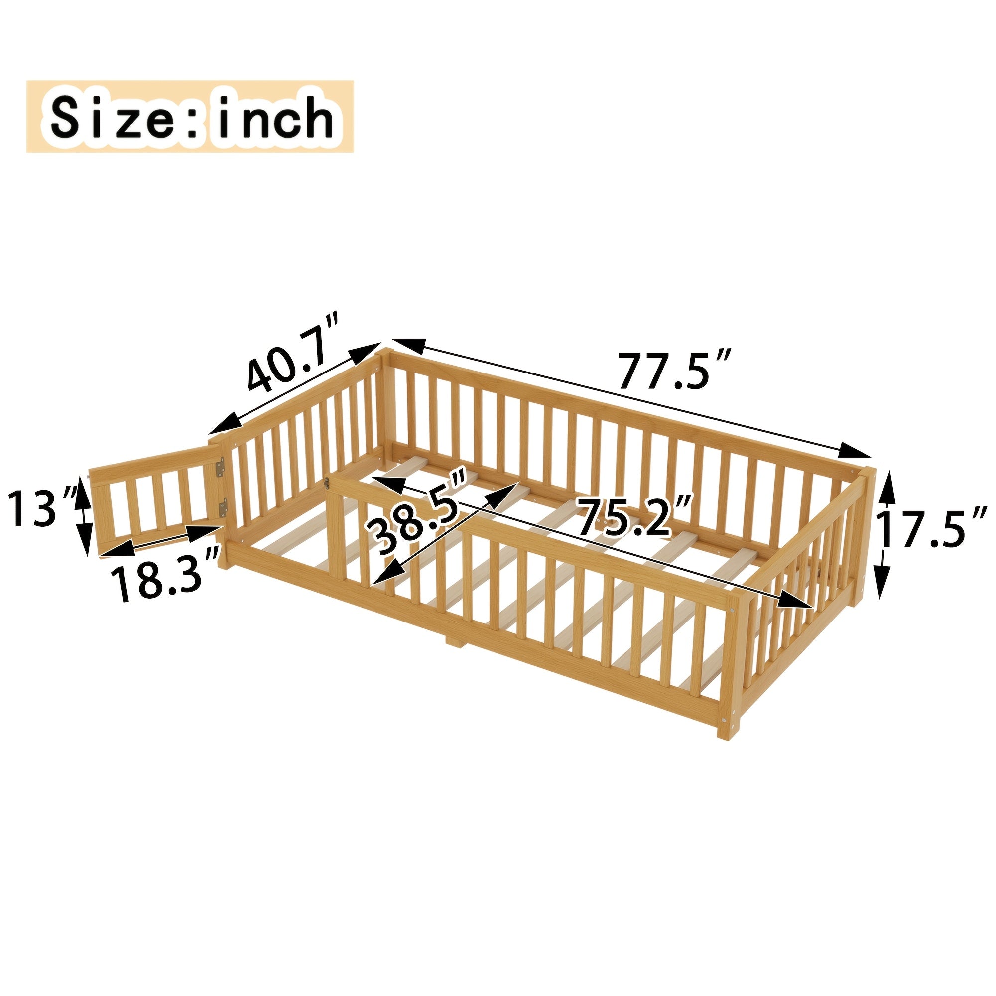 Bellemave Twin Size Floor Bed Featuring a Strong Fence And Slats, Wooden Bed Frame with Safety Guardrails for Children, Style Floor Bed for Boys And Girls, Mattress Not Included, Natural End