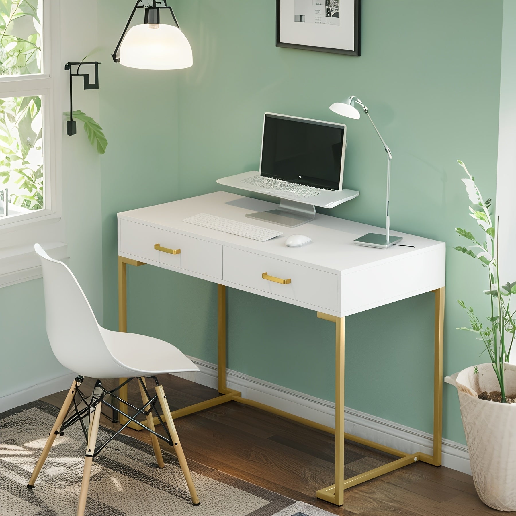 Modern Compact Computer Desk with 2 Drawers - Small Space Desk Suitable for Home Office, Bedside Writing Table, Sturdy Wood & Metal Frame, Spacious Tabletop, Assembly, Contemporary Study Desk