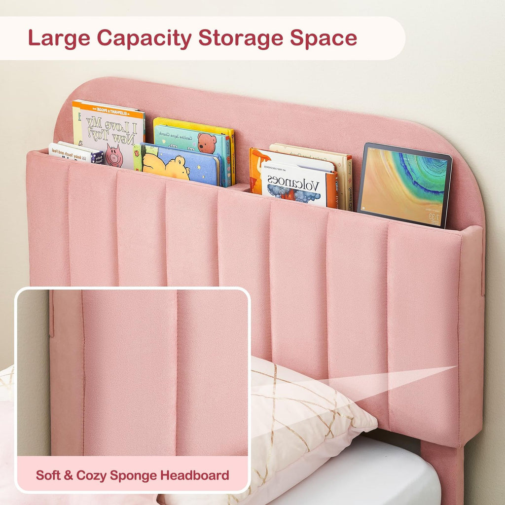 A Stylish Pink Twin XL Platform Bed Frame for Kids Featuring a Built-In Bookcase Headboard, Wooden Slats for Support, And No Need for a Box Spring. It'S Easy to Assemble And Serves As an Elegant Centerpiece for Your Living Room