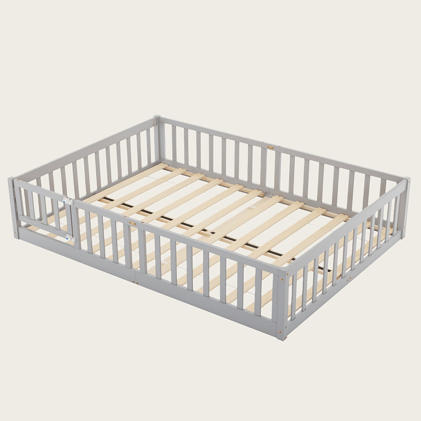 Floor Bed with Door and Fence, Floor Bed with Slats and Safety Guardrails, WoodBed Frame for Girls Boys, Natural