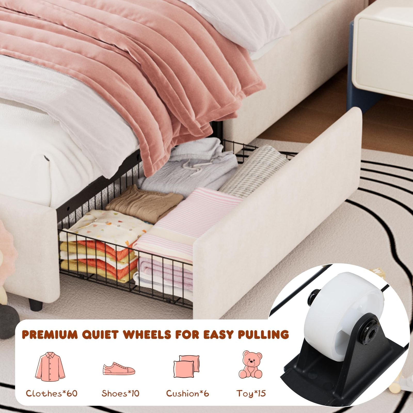 Twin Size Bed Frame Suitable for Kids Girls Boys - Upholstered Princess Platform Bed with Headboard & 2 Storage Drawers, Solid Wood Slat Support, No Box Spring Needed, Easy Assembly, Modern Minimalist Furniture for Boys and Girls