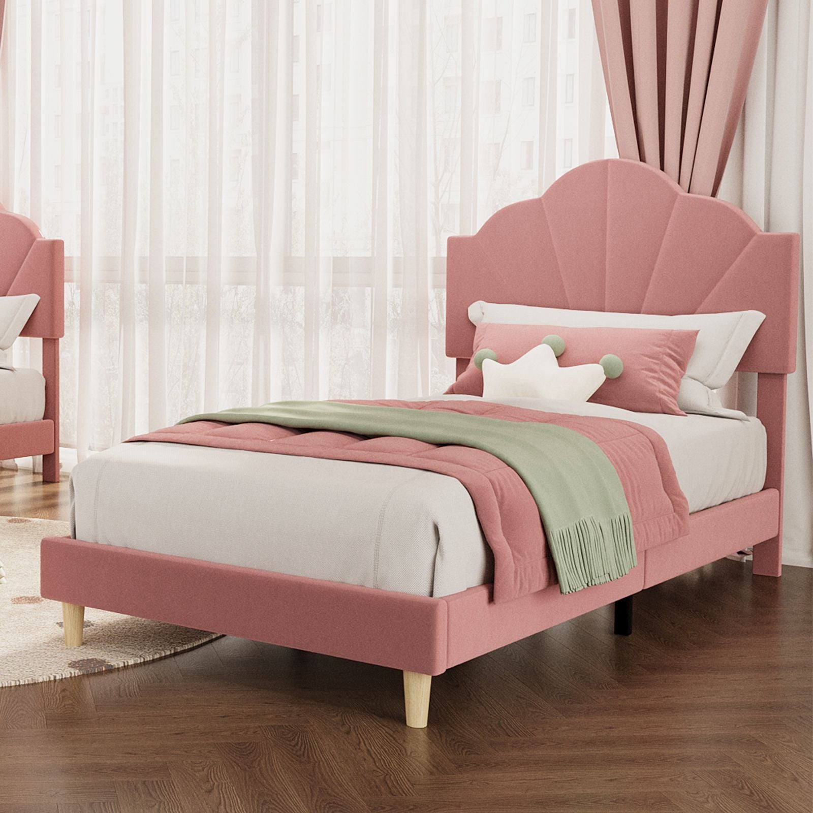 Twin Pink Girls' Upholstered Platform Bed Frame with Adjustable Shell-Shaped Headboard - Slat Support, Noise-Free Design, No Box Spring Needed, Assembly Suitable for, Room, Contemporary Bedding Centerpiece