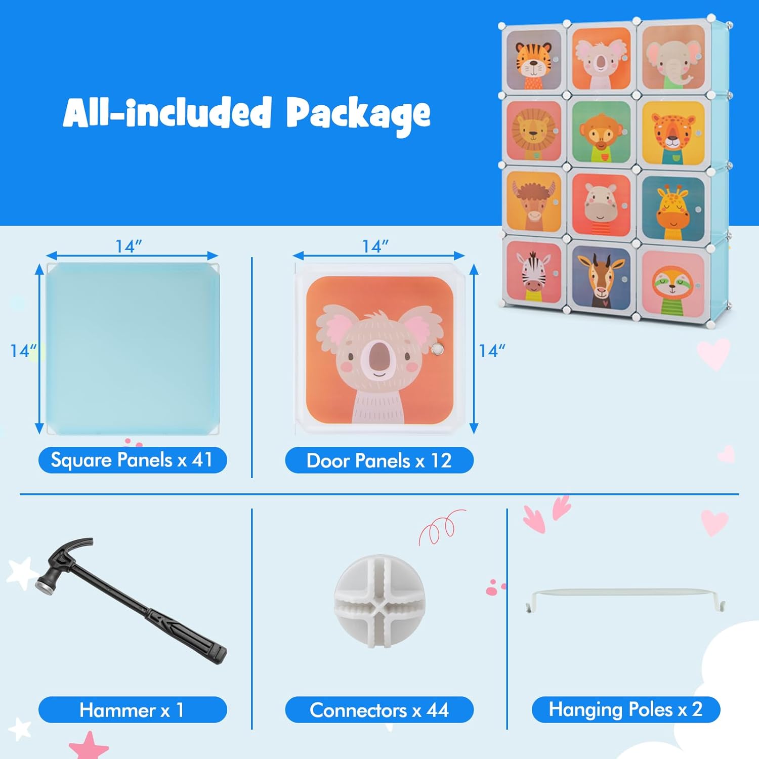 Costway Kids Wardrobe Closet, Baby Cartoon Clothes Storage Organizer, 12 Cubes & 2 Hanging Sections, Portable Children DIY Modular Bedroom Armoire Dresser Cabinet for Boys Girls (Blue\u002FPink\u002FWhite)
