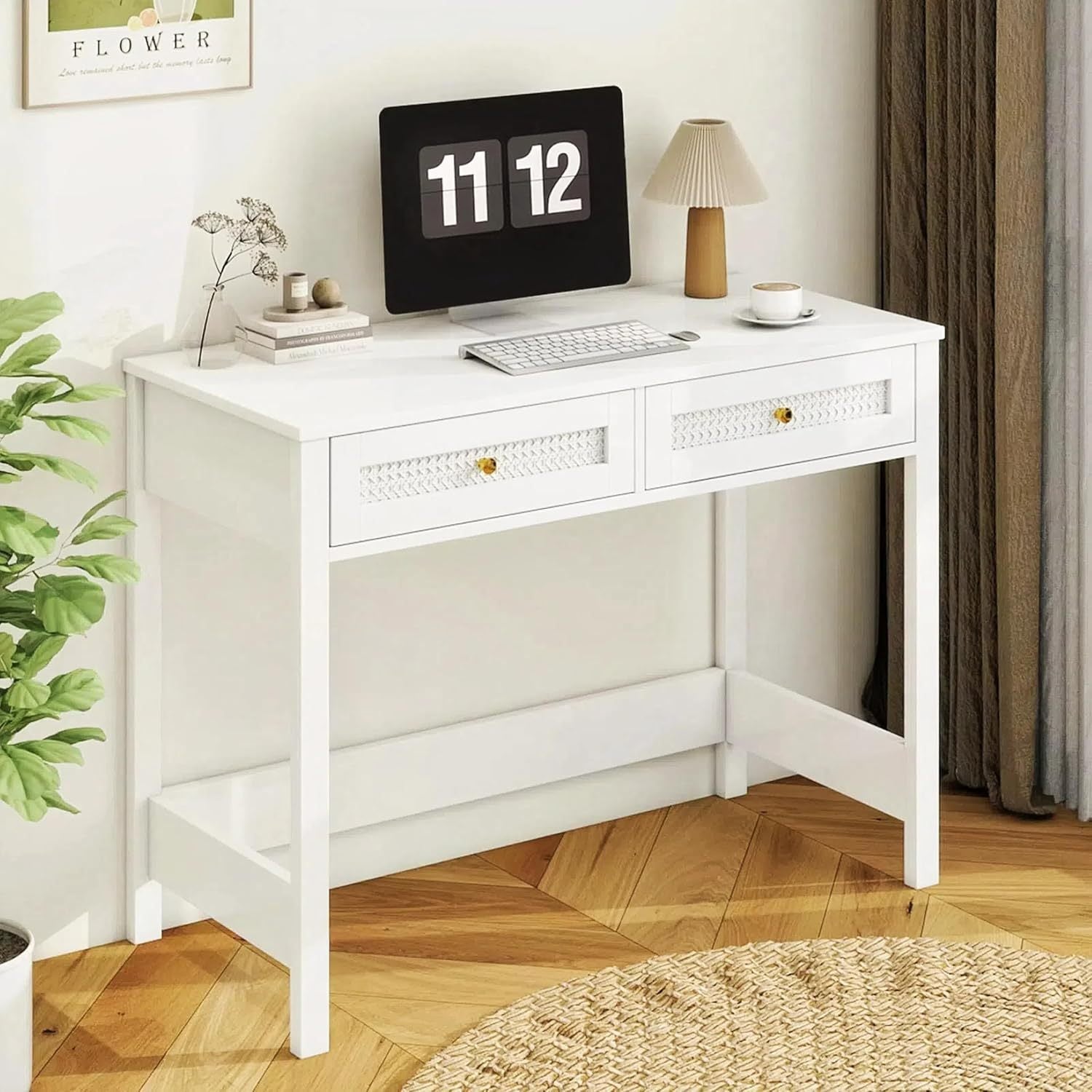 White Desk with Drawers for Bedroom, 40 Inch Small Computer Desk with Storage