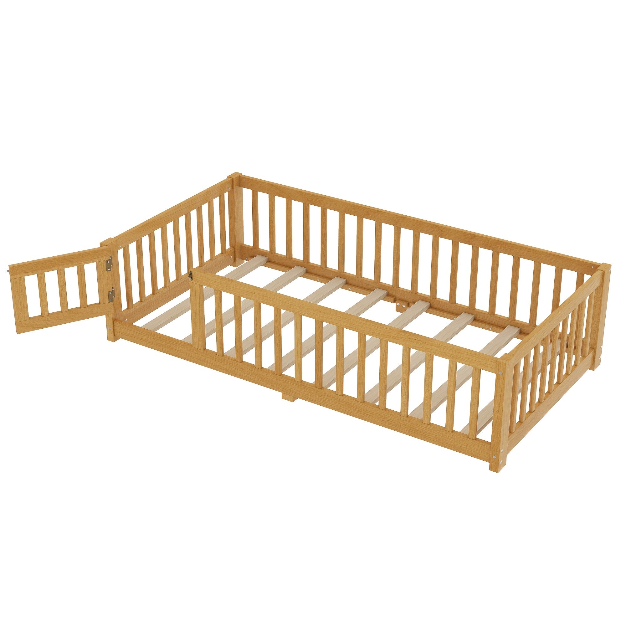 Bellemave Twin Size Floor Bed Featuring a Strong Fence And Slats, Wooden Bed Frame with Safety Guardrails for Children, Style Floor Bed for Boys And Girls, Mattress Not Included, Natural End