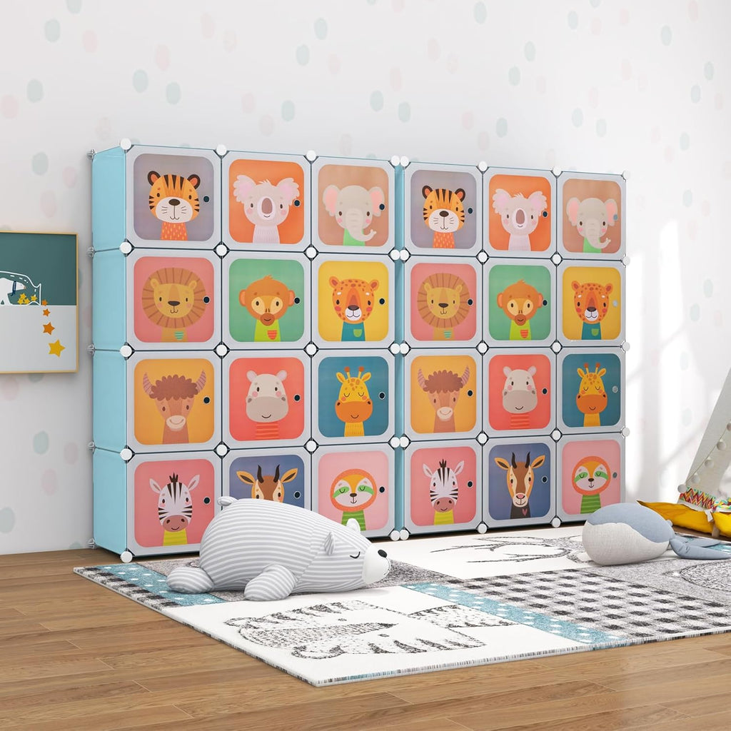 Costway Kids Wardrobe Closet, Baby Cartoon Clothes Storage Organizer, 12 Cubes & 2 Hanging Sections, Portable Children DIY Modular Bedroom Armoire Dresser Cabinet for Boys Girls (Blue\u002FPink\u002FWhite)