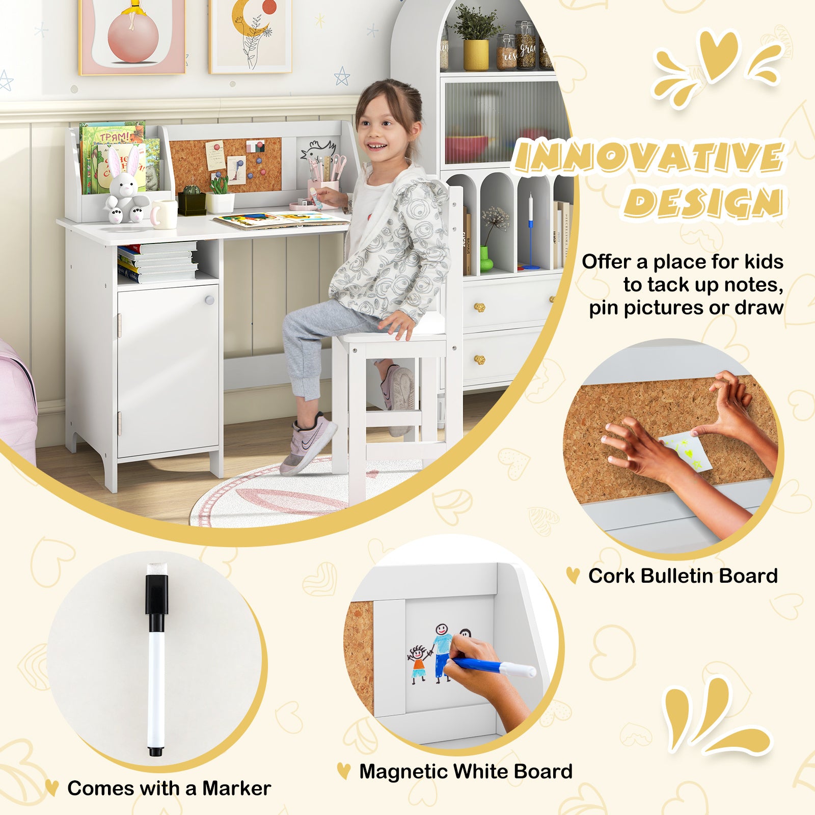 COSTWAY Kids Table and Chair Set, Children Study Table with Chair for Arts, Crafts, Homework, Home School Student Writing Desk w\u002F Hutch, Cabinet, Bulletin Board, Whiteboard & Marker for 3+ Years Old