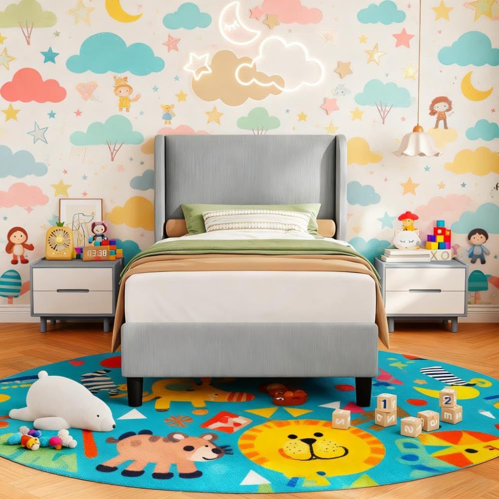 Modern Twin Bed Frame with Adjustable Headboard - Light Gray Velvet Upholstered Platform Bed, Sturdy Noise-Free Support, No Box Spring Required, Easy Assembly Metal Frame Suitable for,, Small s - Space-Saving Bed