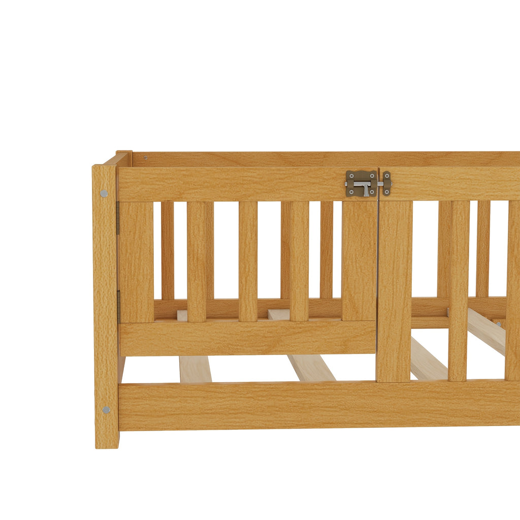 Bellemave Twin Size Floor Bed Featuring a Strong Fence And Slats, Wooden Bed Frame with Safety Guardrails for Children, Style Floor Bed for Boys And Girls, Mattress Not Included, Natural End