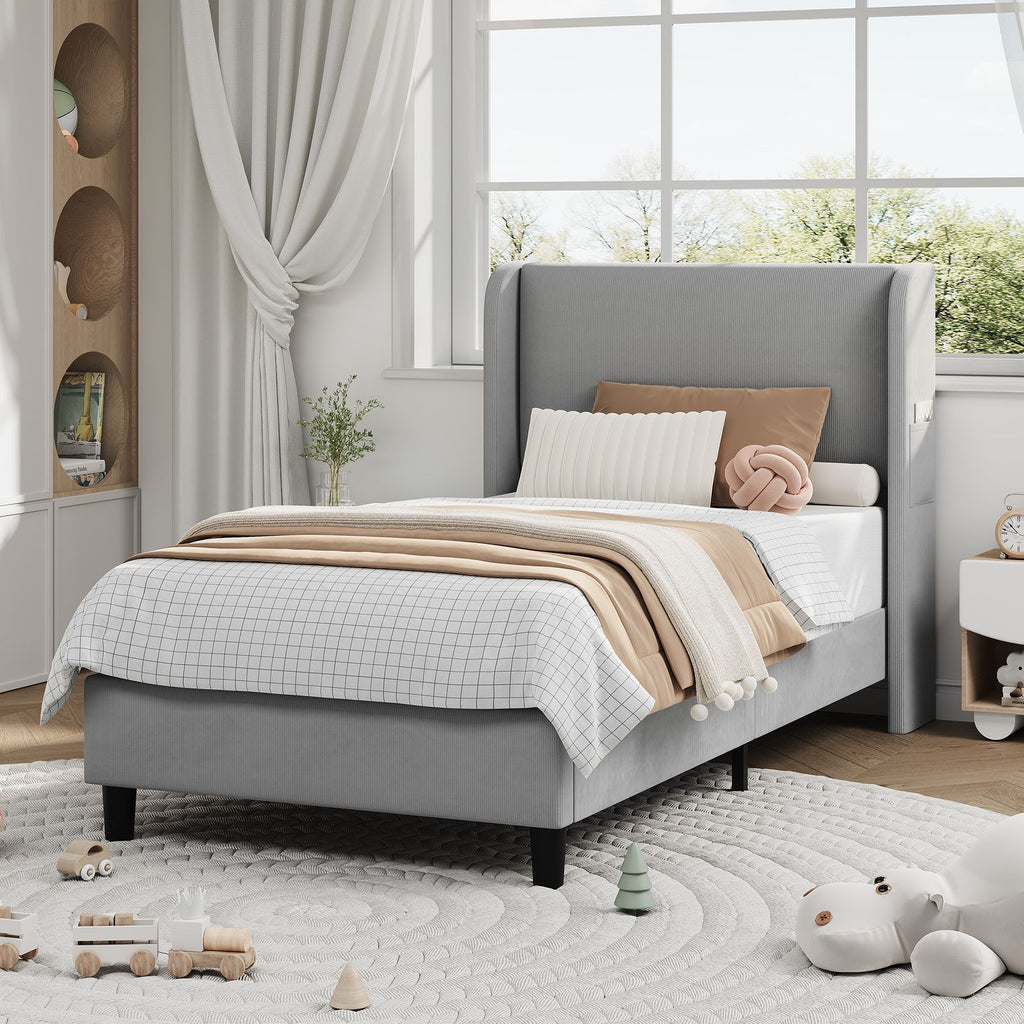 Modern Twin Bed Frame with Adjustable Headboard - Light Gray Velvet Upholstered Platform Bed, Sturdy Noise-Free Support, No Box Spring Required, Easy Assembly Metal Frame Suitable for,, Small s - Space-Saving Bed
