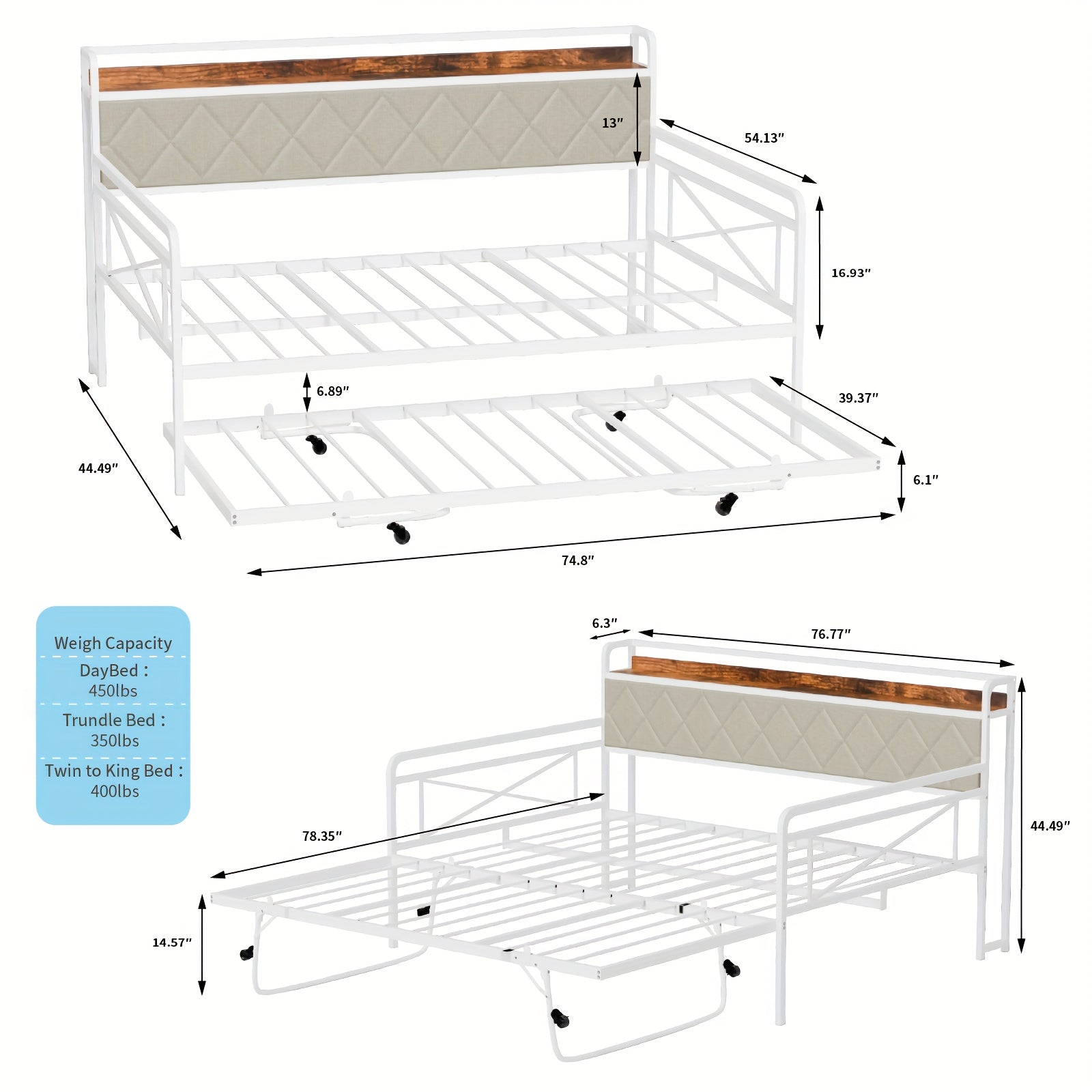 Bonnlo Twin Bed Frame with LED Light & Charing Station, Heavy Duty Sofa Daybed Trundle Bed with Storage Headboard