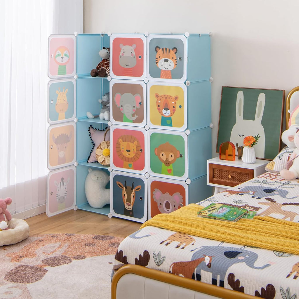 Costway Kids Wardrobe Closet, Baby Cartoon Clothes Storage Organizer, 12 Cubes & 2 Hanging Sections, Portable Children DIY Modular Bedroom Armoire Dresser Cabinet for Boys Girls (Blue\u002FPink\u002FWhite)