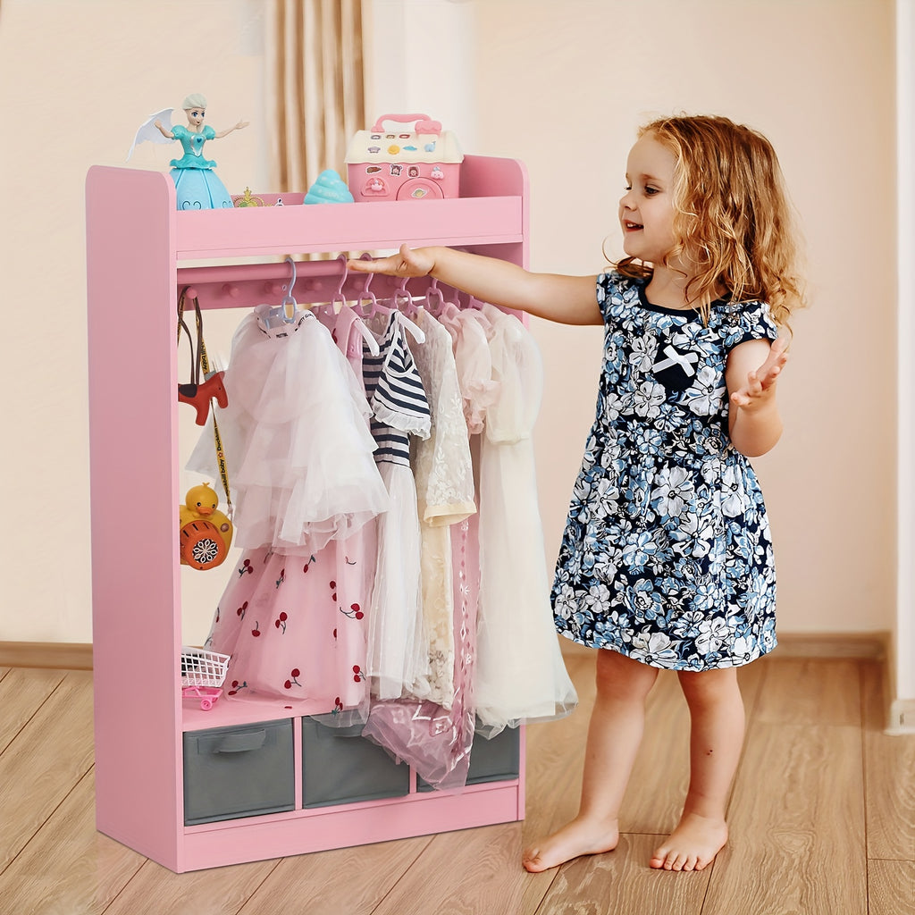 Wardrobe in Ins Style Featuring Three Non-Woven Drawers, a Clothes Hanger with Seven Clothing Beads, And a Mirror Design. Ideal for a Pink Princess-Themed Room, Perfect for Small Apartments Measuring 24.8×11.81×42.13inch