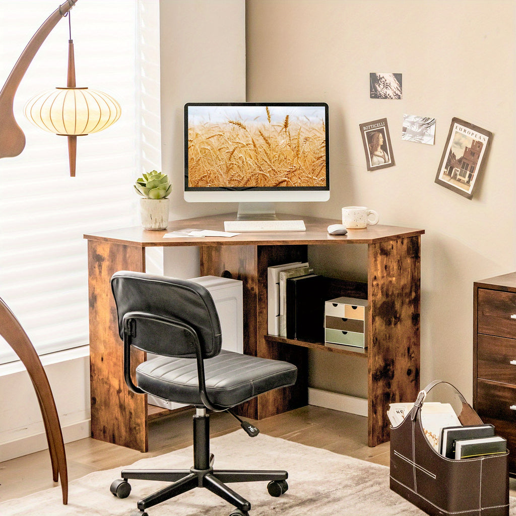 90° Corner Desk for Small Space, Home Office Computer Desk with Open Shelves & Cable Management Holes, Laptop Workstation, Triangular Makeup Vanity Desk for Living Room, Bedroom & Study