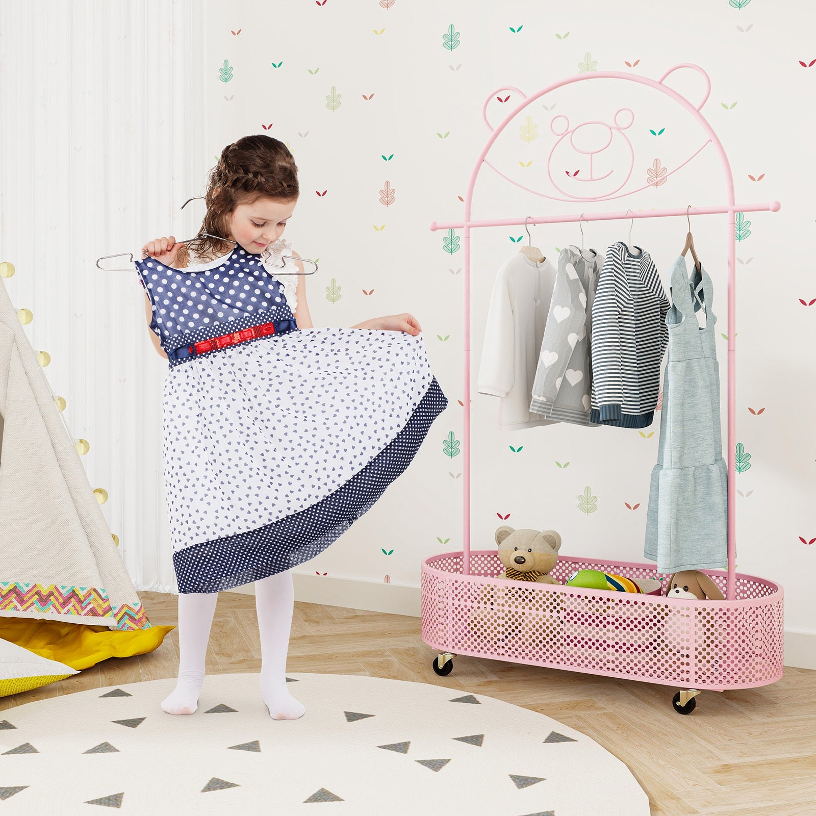 LIFEZEAL Kid Clothes Rack W\u002F 3 Adjustable Heights, Home Freestanding Clothes Rack on Wheels, Cartoon Wardrobe W\u002F Basket for Children Adults, Portable Mobile Clothes Hanging Rod for Kids Room, Living Room, Portable Closets