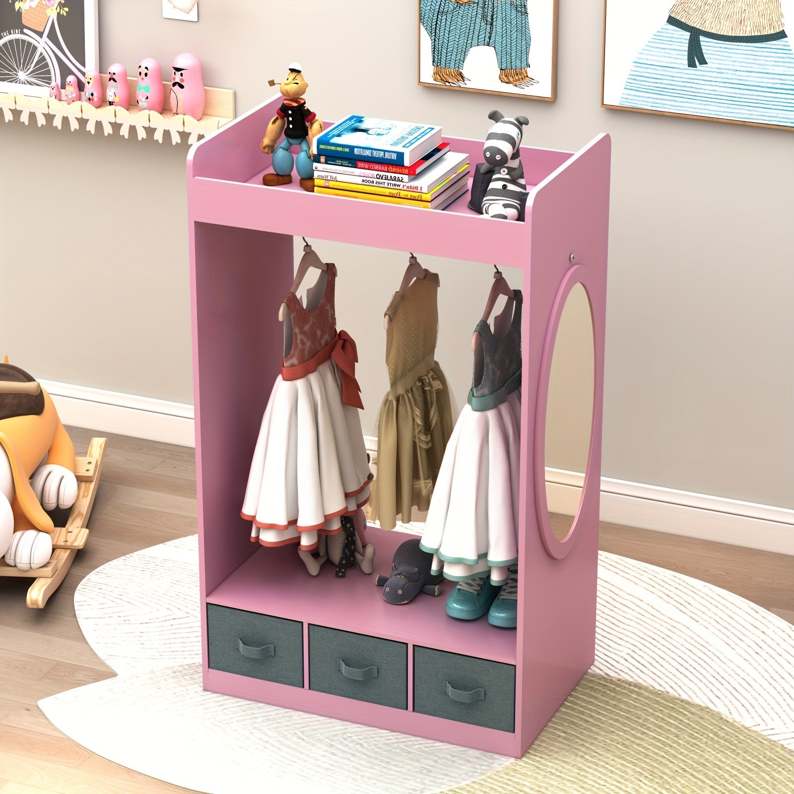 Wardrobe in Ins Style Featuring Three Non-Woven Drawers, a Clothes Hanger with Seven Clothing Beads, And a Mirror Design. Ideal for a Pink Princess-Themed Room, Perfect for Small Apartments Measuring 24.8×11.81×42.13inch