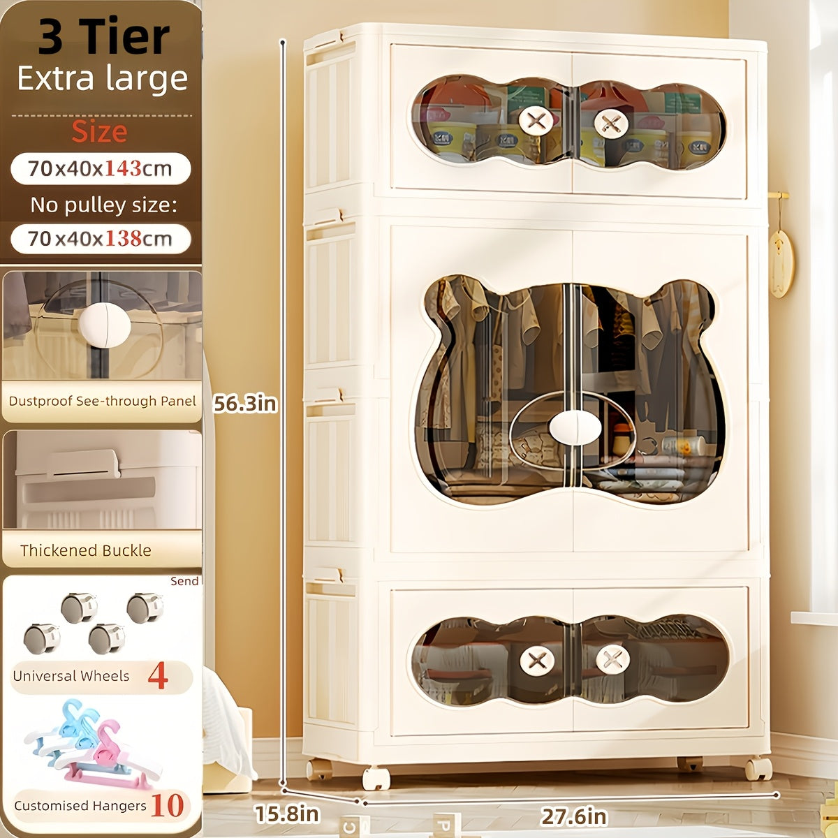 Portable Wardrobe with Wheels And Magnetic Doors, Bear-Shaped Storage Cabinet with Ample Space for Clothing, Suitable for Bedrooms, Easy to Assemble for Home Or Dorm Use, Durable And Easy to Clean Design (2\u002F3 Tiers)