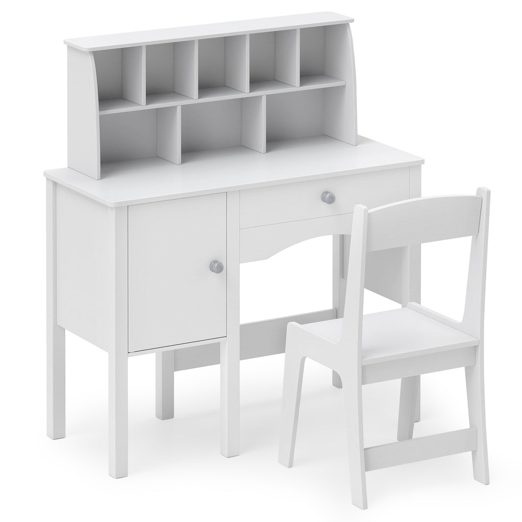 COSTWAY Kids Desk and Chair Set, Wooden Children's Desk & Chair Set with 8-Cubby Hutch, Large Cabinet & Drawer, Ergonomic Backrest, Workstation Writing Table, Kids Table and Chair with Storage for Home School