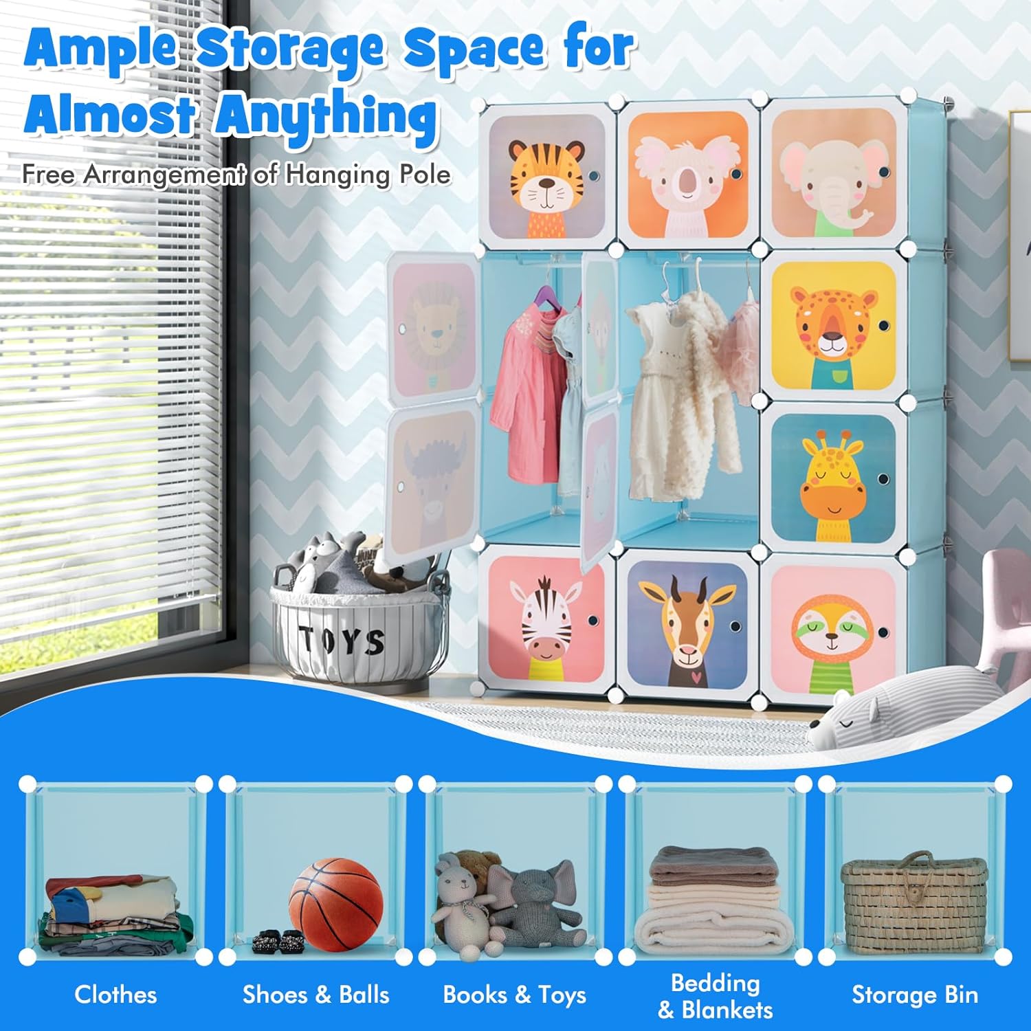 Costway Kids Wardrobe Closet, Baby Cartoon Clothes Storage Organizer, 12 Cubes & 2 Hanging Sections, Portable Children DIY Modular Bedroom Armoire Dresser Cabinet for Boys Girls (Blue\u002FPink\u002FWhite)