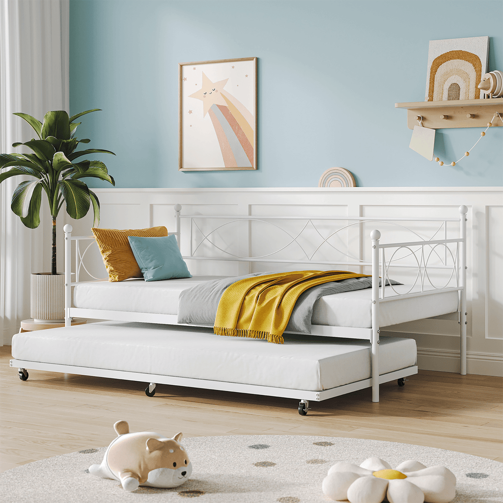White Metal Twin Daybed with Trundle, Steel Slat Support, Multifunctional Platform Bed Frame for Bedroom, Living Room, Guest Room