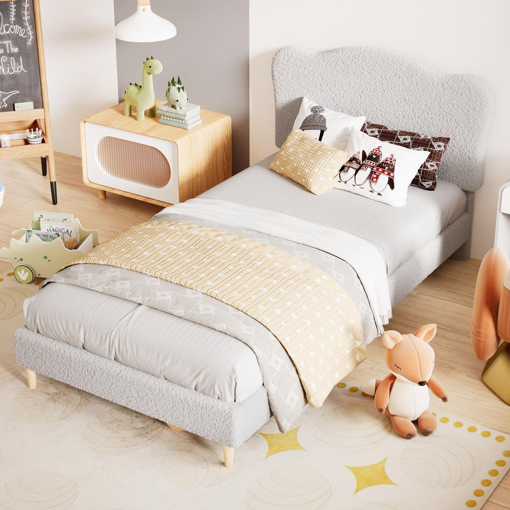 Kids Upholstered Twin XL Bed Frame with Scalloped Headboard - Grey Platform Bed Suitable for Boys & Girls, Sturdy Wooden Slats Support, No Box Spring Needed, Modern Twin Bed for Boys Girls Room,, Apartment Living Furniture