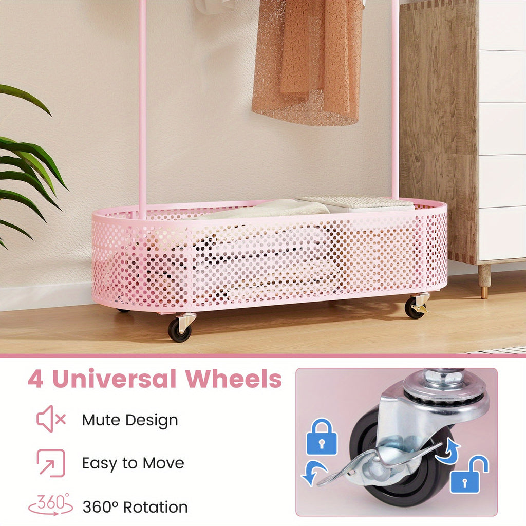 LIFEZEAL Kid Clothes Rack W\u002F 3 Adjustable Heights, Home Freestanding Clothes Rack on Wheels, Cartoon Wardrobe W\u002F Basket for Children Adults, Portable Mobile Clothes Hanging Rod for Kids Room, Living Room, Portable Closets
