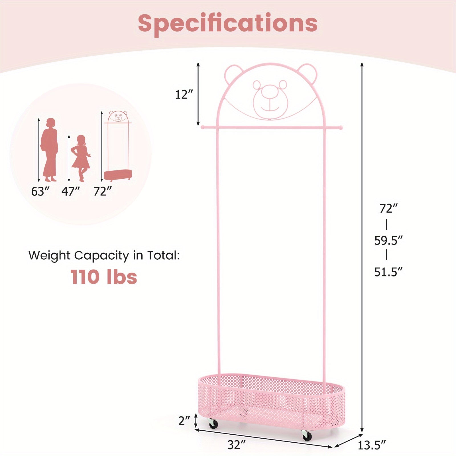 LIFEZEAL Kid Clothes Rack W\u002F 3 Adjustable Heights, Home Freestanding Clothes Rack on Wheels, Cartoon Wardrobe W\u002F Basket for Children Adults, Portable Mobile Clothes Hanging Rod for Kids Room, Living Room, Portable Closets