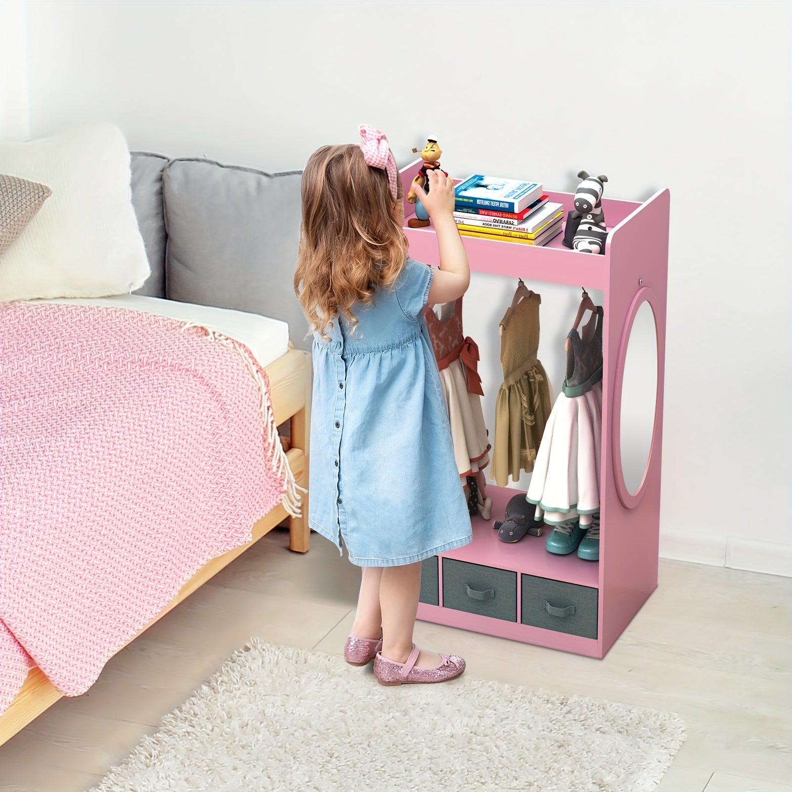 Wardrobe in Ins Style Featuring Three Non-Woven Drawers, a Clothes Hanger with Seven Clothing Beads, And a Mirror Design. Ideal for a Pink Princess-Themed Room, Perfect for Small Apartments Measuring 24.8×11.81×42.13inch