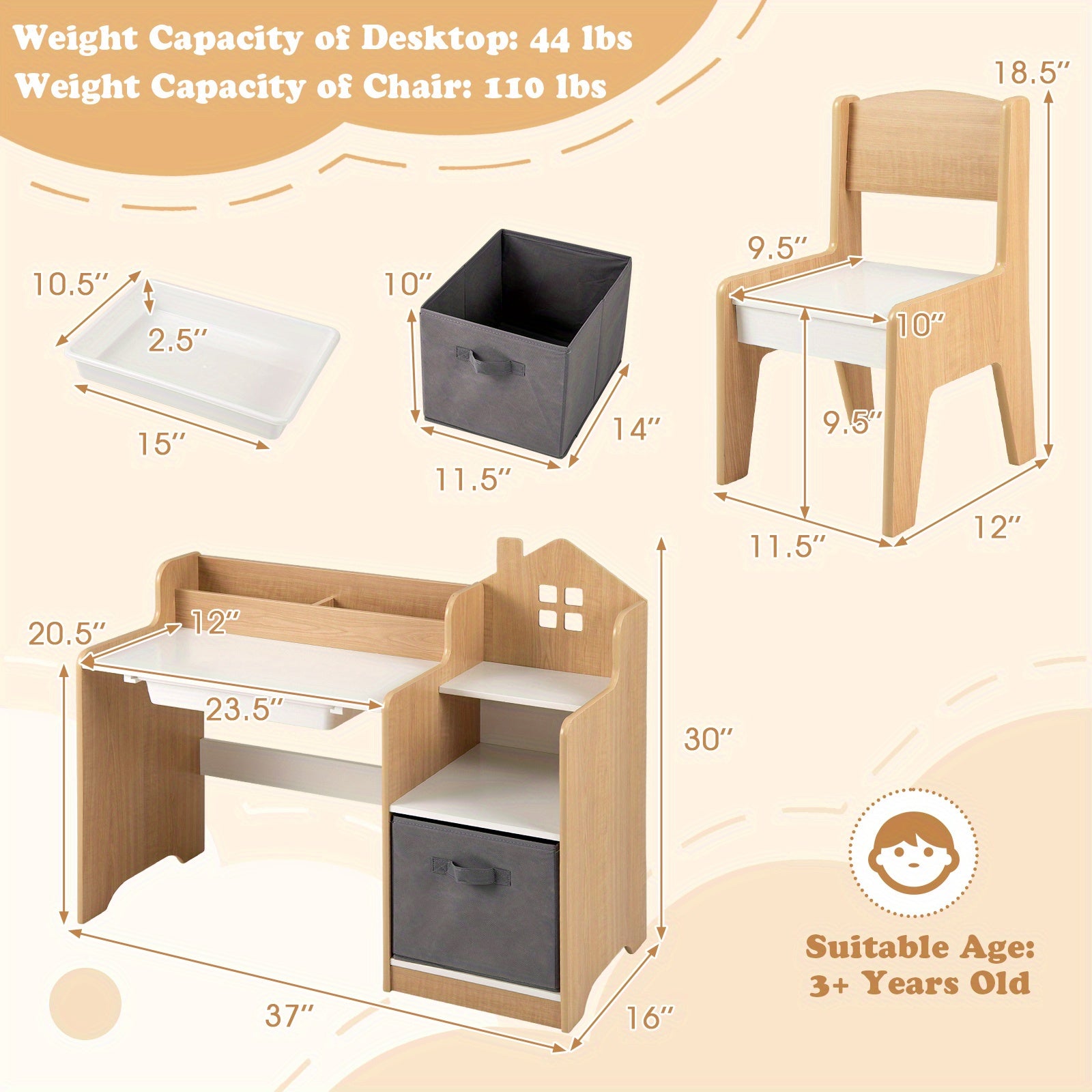 COSTWAY Kids Study Desk and Chair Set, Children Study Table w\u002F Open Shelves, Drawer & Fabric Storage Bin, Student Drawing Writing Desk Set for Boys & Girls, Kids Furniture Set for Bedroom Study