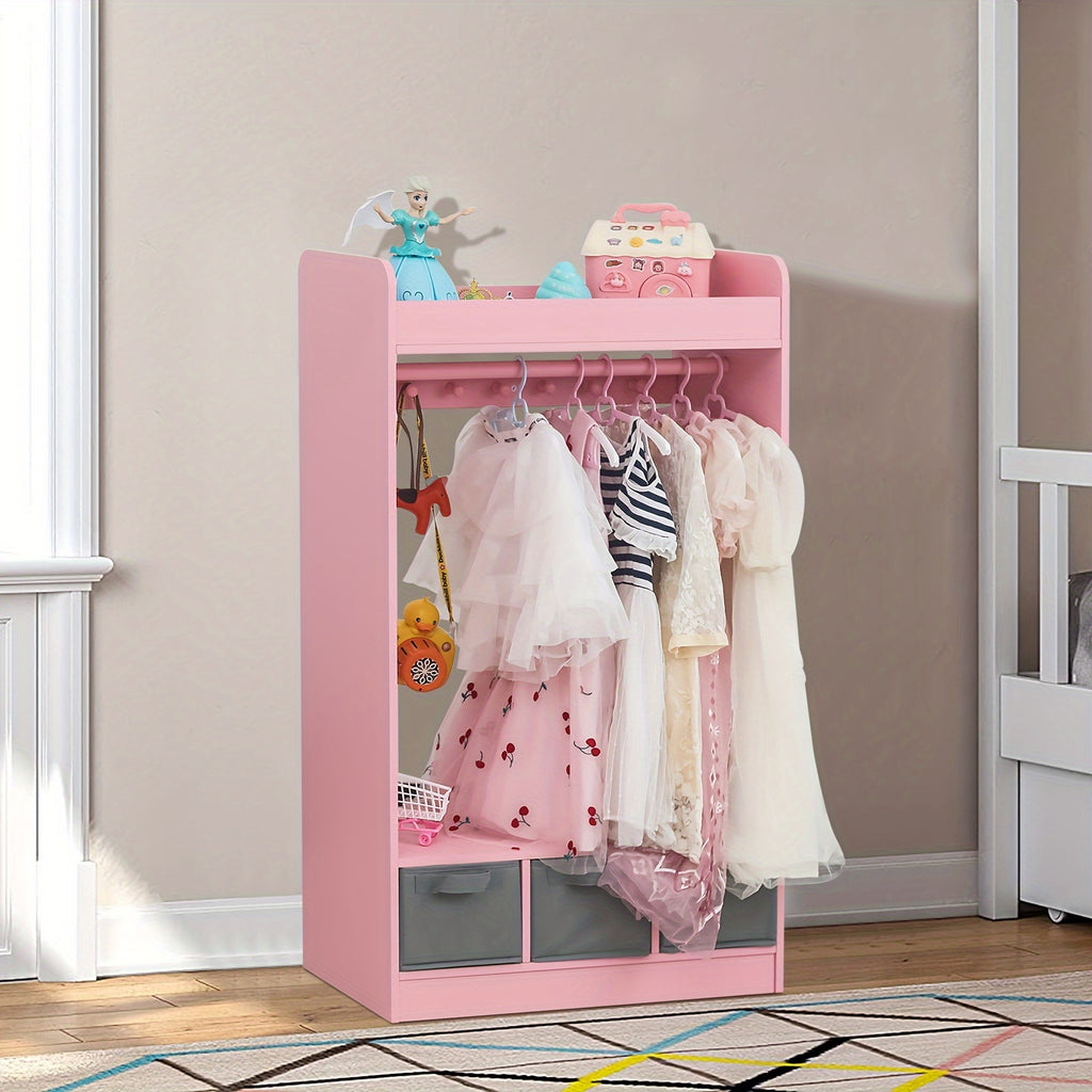 Wardrobe in Ins Style Featuring Three Non-Woven Drawers, a Clothes Hanger with Seven Clothing Beads, And a Mirror Design. Ideal for a Pink Princess-Themed Room, Perfect for Small Apartments Measuring 24.8×11.81×42.13inch