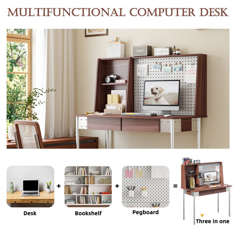 47 Inch Large Computer Desk with Pegboard & 2-Drawer Storage - Heavy-Duty Metal Legs & Walnut Home Office Desk, Spacious Work Surface, Classic Modern Design with Storage Hutch for Gaming, Study, or Professional Workspaces - Easy Assembly