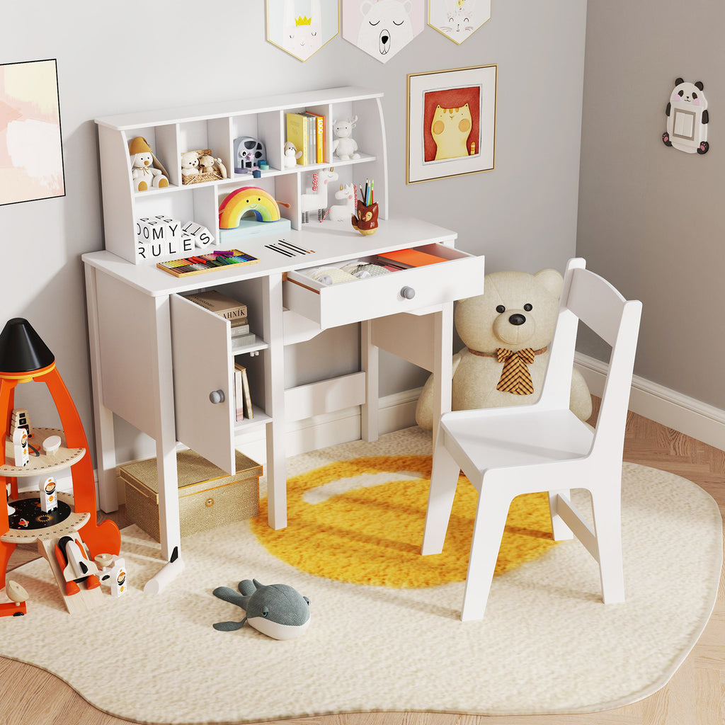 COSTWAY Kids Desk and Chair Set, Wooden Children's Desk & Chair Set with 8-Cubby Hutch, Large Cabinet & Drawer, Ergonomic Backrest, Workstation Writing Table, Kids Table and Chair with Storage for Home School