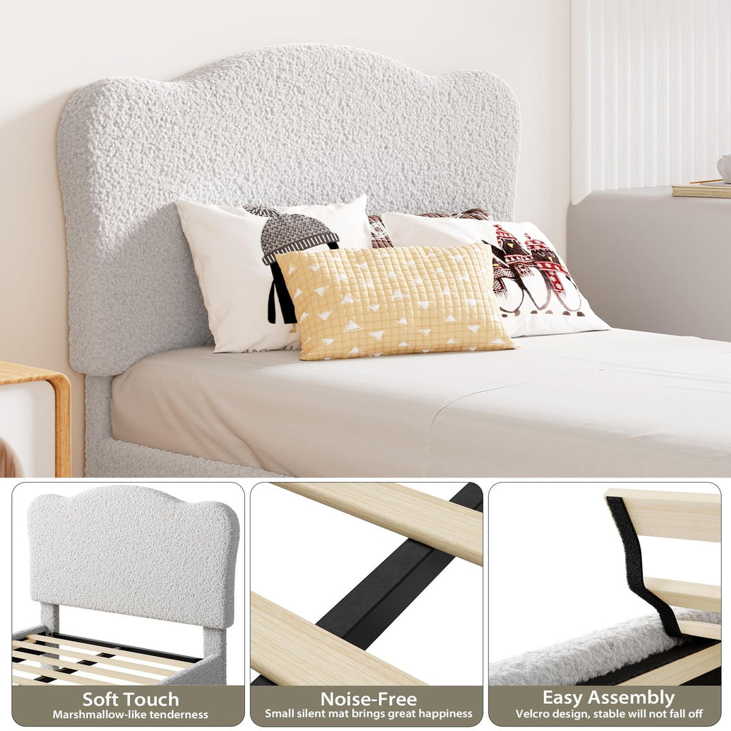 Kids Upholstered Twin XL Bed Frame with Scalloped Headboard - Grey Platform Bed Suitable for Boys & Girls, Sturdy Wooden Slats Support, No Box Spring Needed, Modern Twin Bed for Boys Girls Room,, Apartment Living Furniture