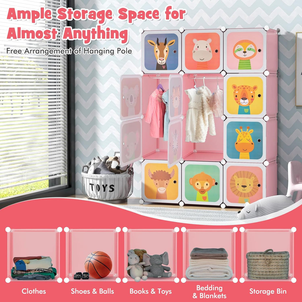 Costway Kids Wardrobe Closet, Baby Cartoon Clothes Storage Organizer, 12 Cubes & 2 Hanging Sections, Portable Children DIY Modular Bedroom Armoire Dresser Cabinet for Boys Girls (Blue\u002FPink\u002FWhite)