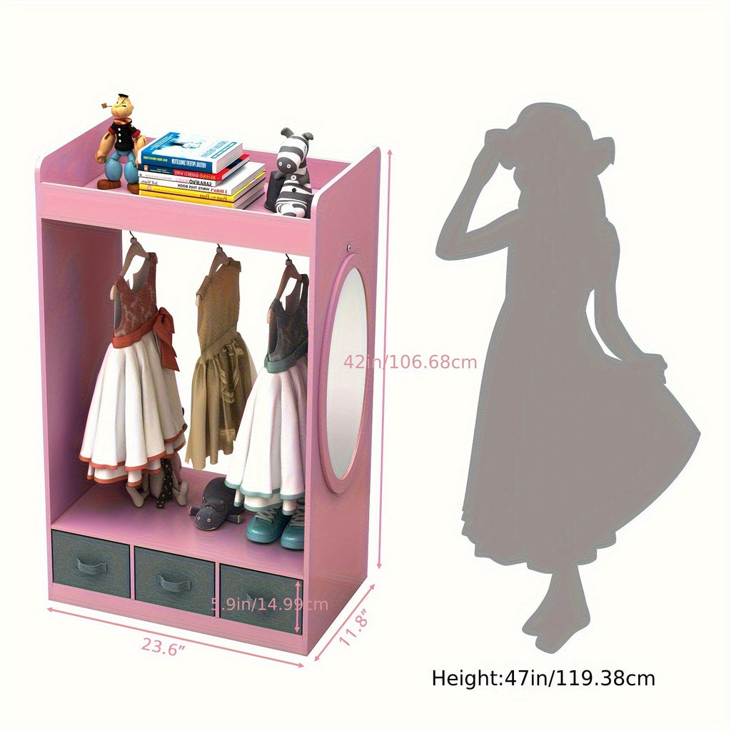 Wardrobe in Ins Style Featuring Three Non-Woven Drawers, a Clothes Hanger with Seven Clothing Beads, And a Mirror Design. Ideal for a Pink Princess-Themed Room, Perfect for Small Apartments Measuring 24.8×11.81×42.13inch