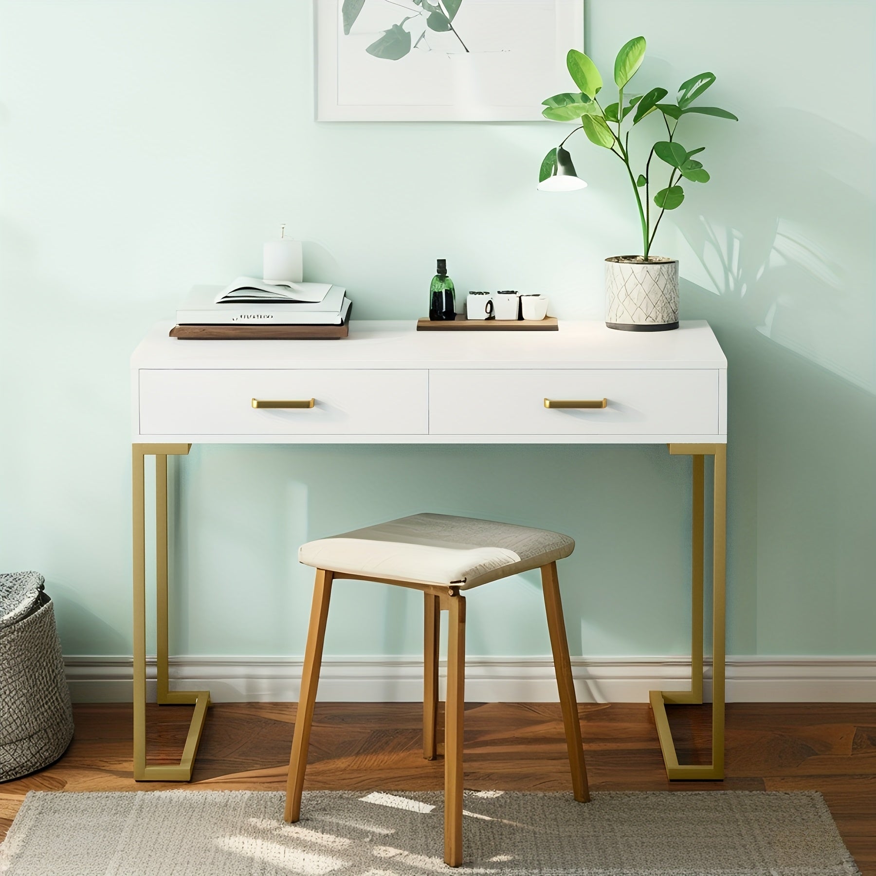 Modern Compact Computer Desk with 2 Drawers - Small Space Desk Suitable for Home Office, Bedside Writing Table, Sturdy Wood & Metal Frame, Spacious Tabletop, Assembly, Contemporary Study Desk