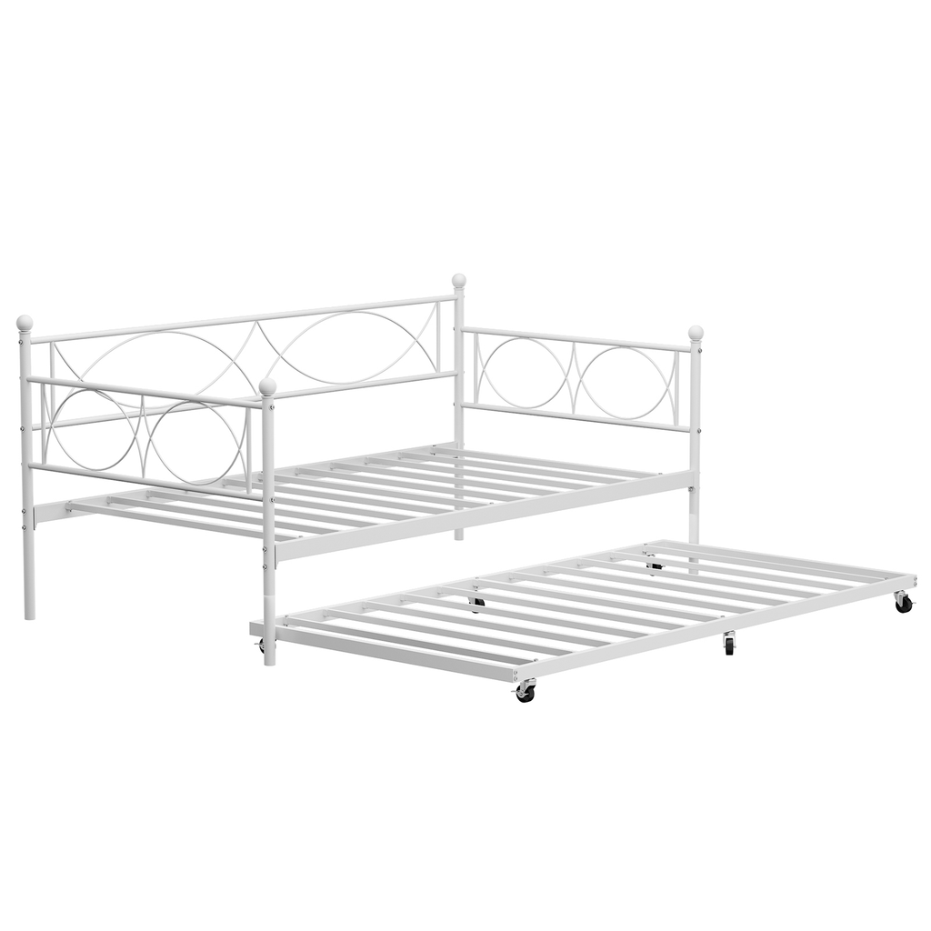 White Metal Twin Daybed with Trundle, Steel Slat Support, Multifunctional Platform Bed Frame for Bedroom, Living Room, Guest Room