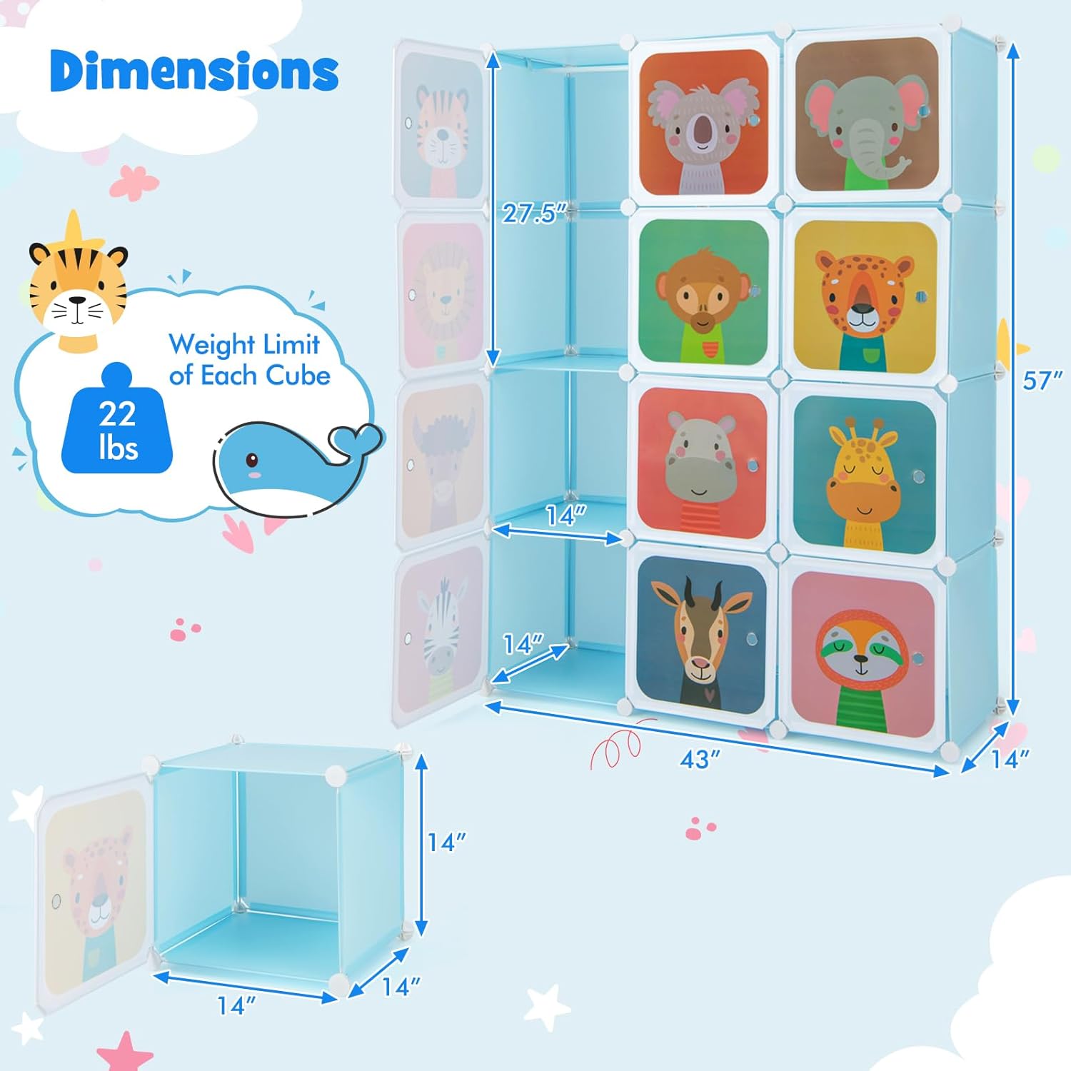 Costway Kids Wardrobe Closet, Baby Cartoon Clothes Storage Organizer, 12 Cubes & 2 Hanging Sections, Portable Children DIY Modular Bedroom Armoire Dresser Cabinet for Boys Girls (Blue\u002FPink\u002FWhite)