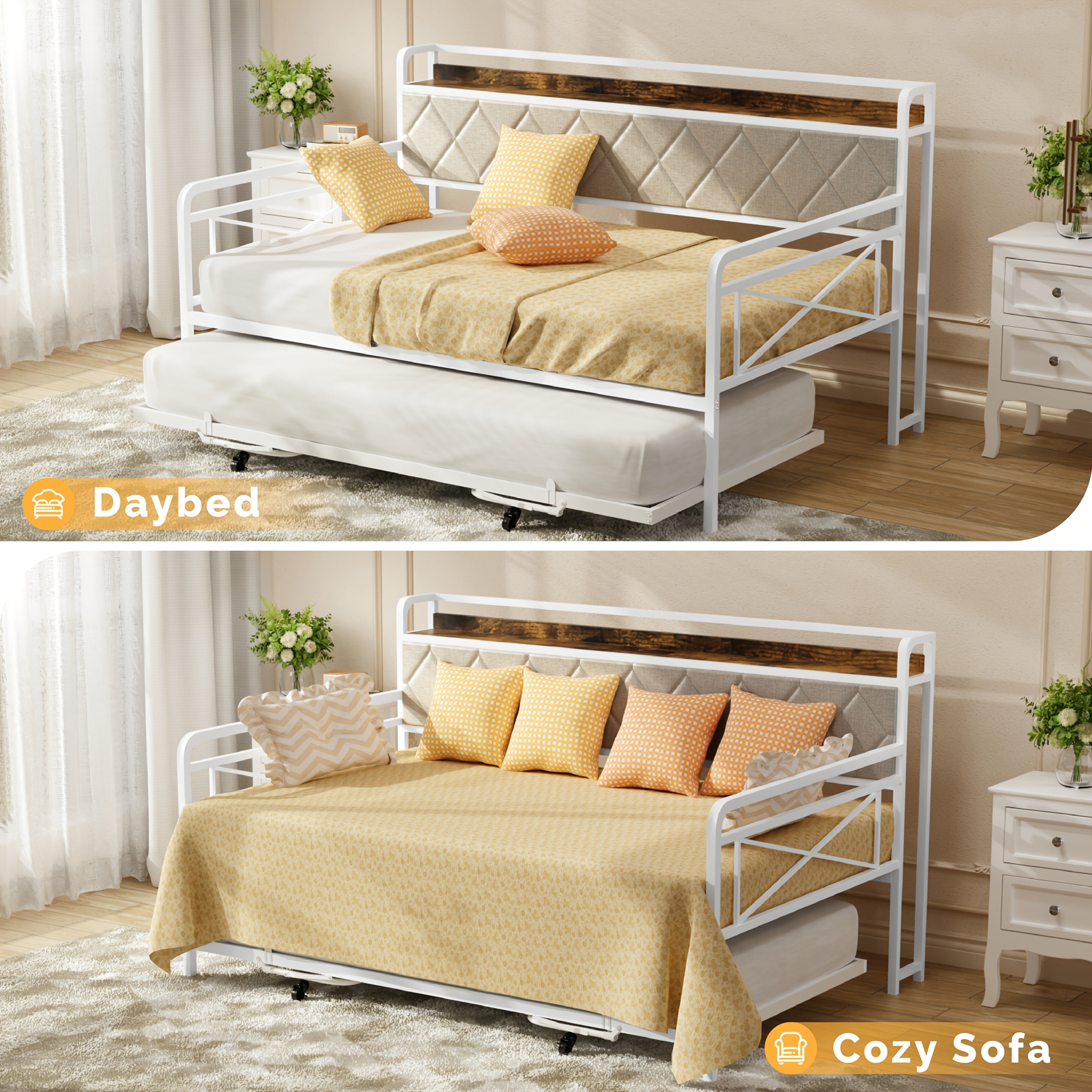Bonnlo Twin Bed Frame with LED Light & Charing Station, Heavy Duty Sofa Daybed Trundle Bed with Storage Headboard
