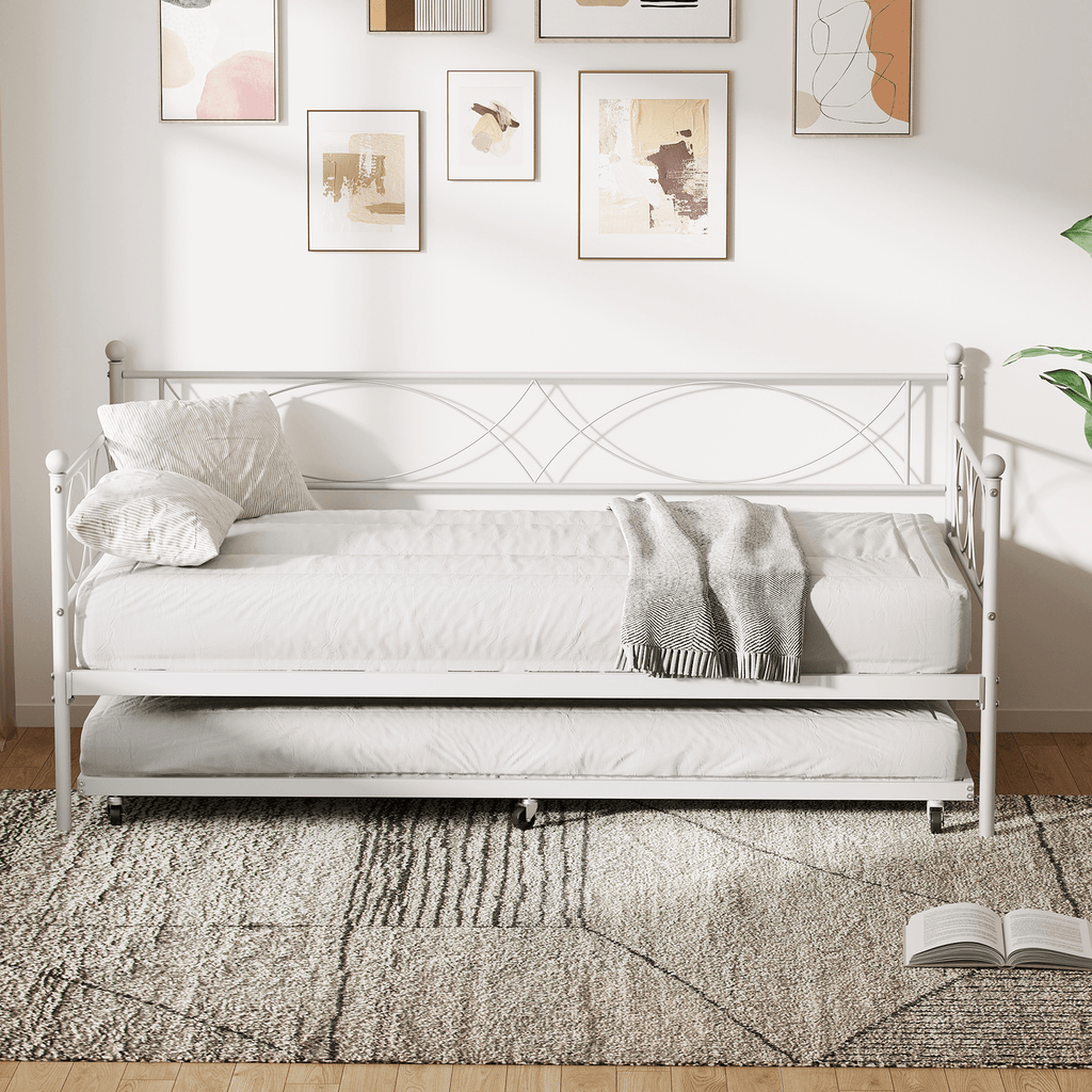 White Metal Twin Daybed with Trundle, Steel Slat Support, Multifunctional Platform Bed Frame for Bedroom, Living Room, Guest Room