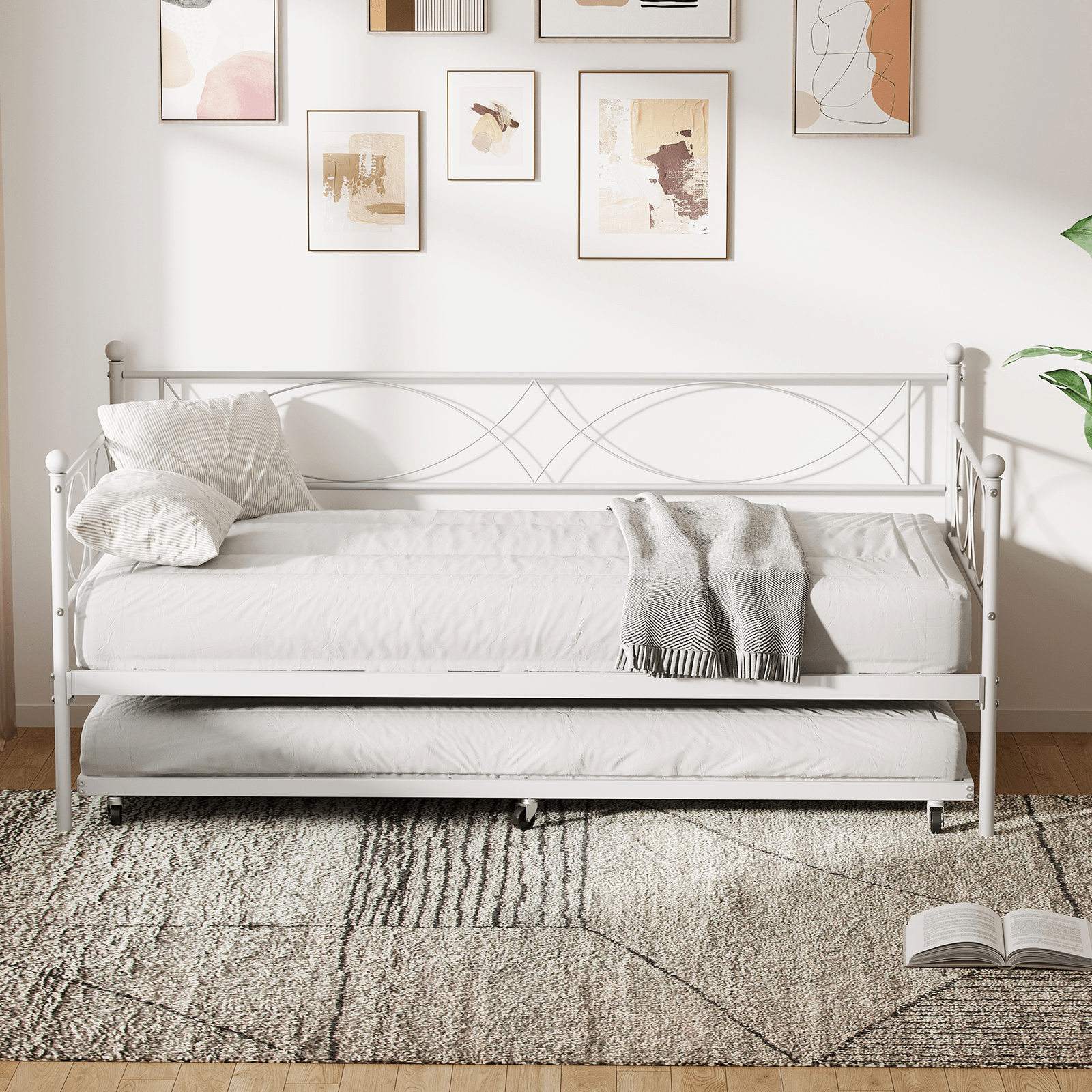 White Metal Twin Daybed with Trundle, Steel Slat Support, Multifunctional Platform Bed Frame for Bedroom, Living Room, Guest Room