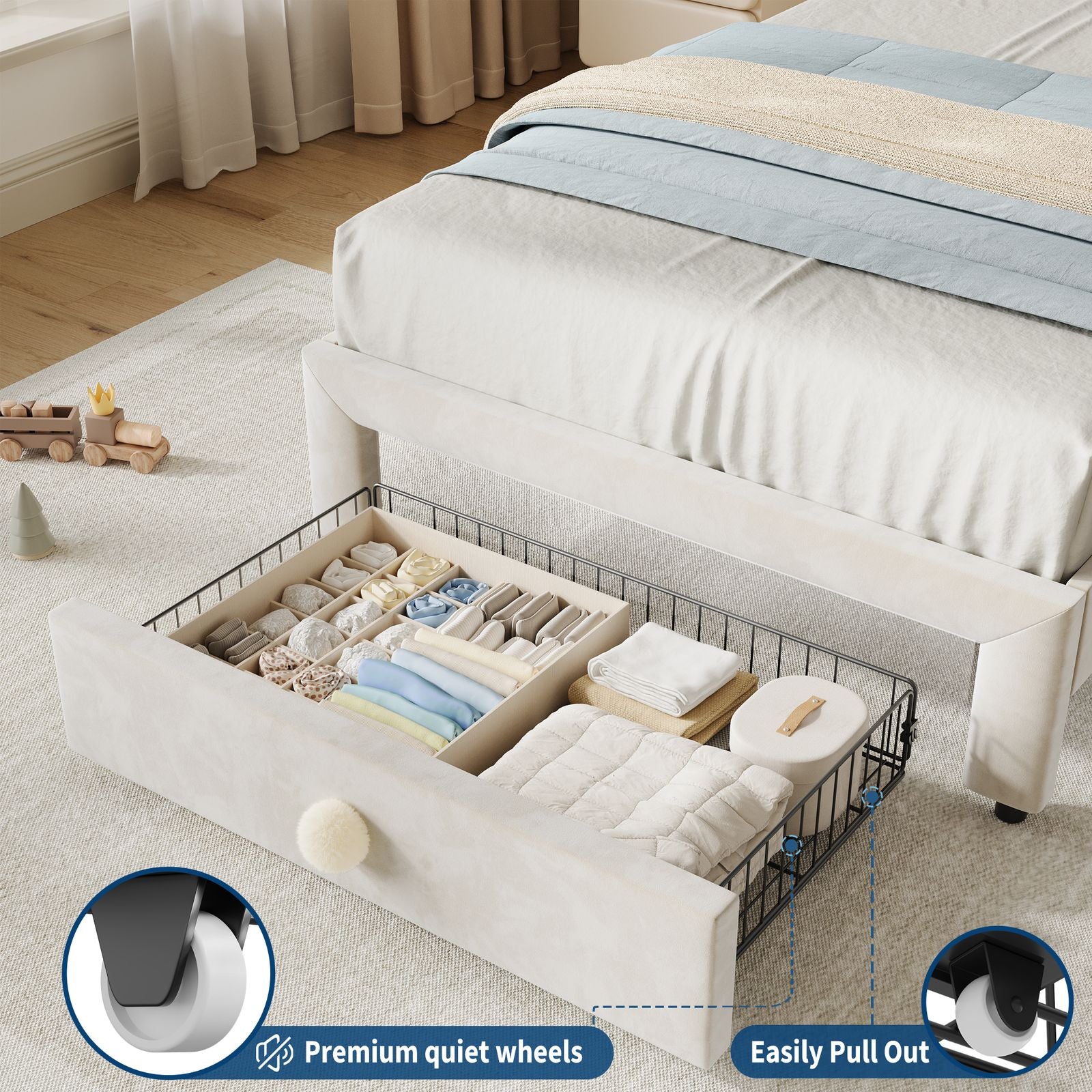 White Twin Soft Platform Bed Featuring a Headboard And Storage Drawer, Designed for Girls And Kids. It Includes Wooden Slats, Requires No Box Spring, And Is Easy to Assemble