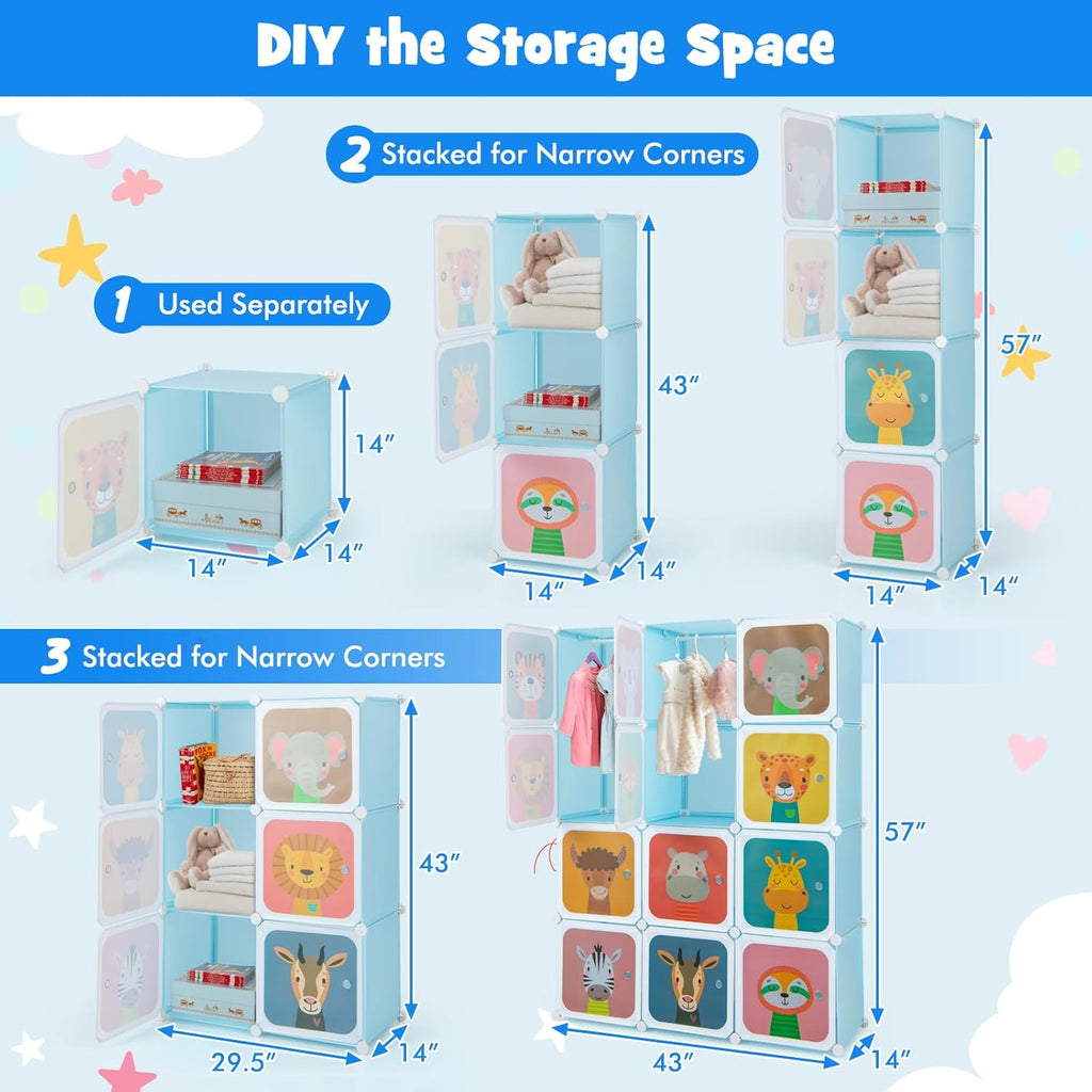 Costway Kids Wardrobe Closet, Baby Cartoon Clothes Storage Organizer, 12 Cubes & 2 Hanging Sections, Portable Children DIY Modular Bedroom Armoire Dresser Cabinet for Boys Girls (Blue\u002FPink\u002FWhite)
