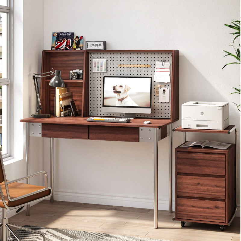 47 Inch Large Computer Desk with Pegboard & 2-Drawer Storage - Heavy-Duty Metal Legs & Walnut Home Office Desk, Spacious Work Surface, Classic Modern Design with Storage Hutch for Gaming, Study, or Professional Workspaces - Easy Assembly