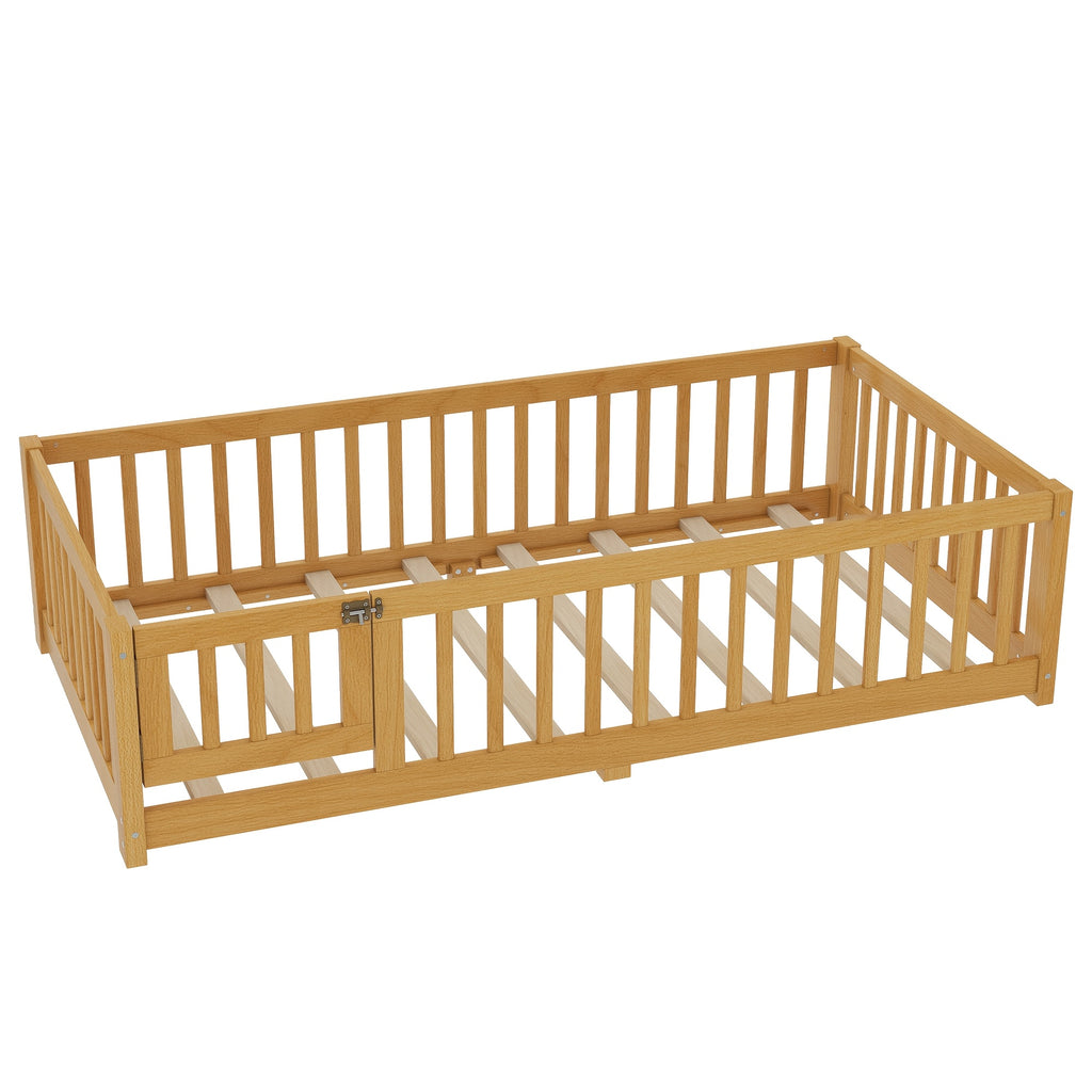 Bellemave Twin Size Floor Bed Featuring a Strong Fence And Slats, Wooden Bed Frame with Safety Guardrails for Children, Style Floor Bed for Boys And Girls, Mattress Not Included, Natural End