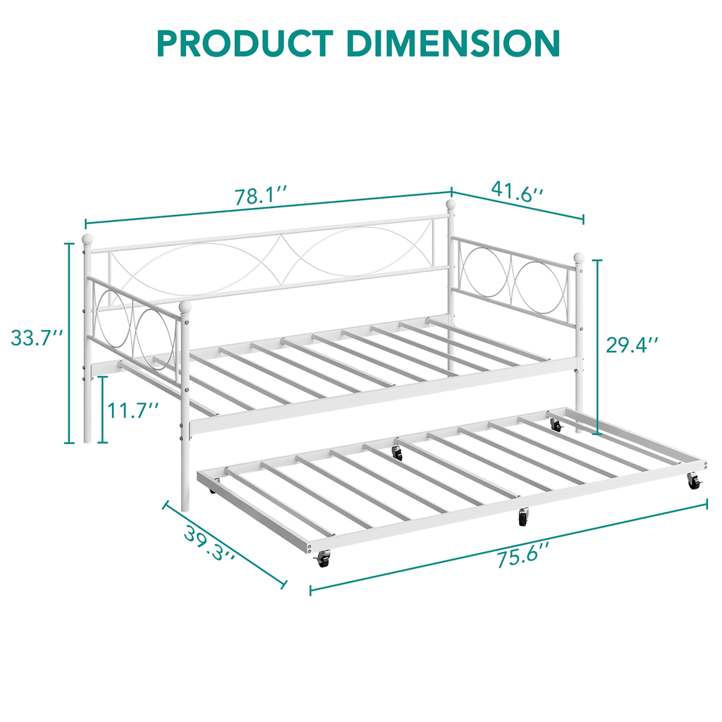 White Metal Twin Daybed with Trundle, Steel Slat Support, Multifunctional Platform Bed Frame for Bedroom, Living Room, Guest Room