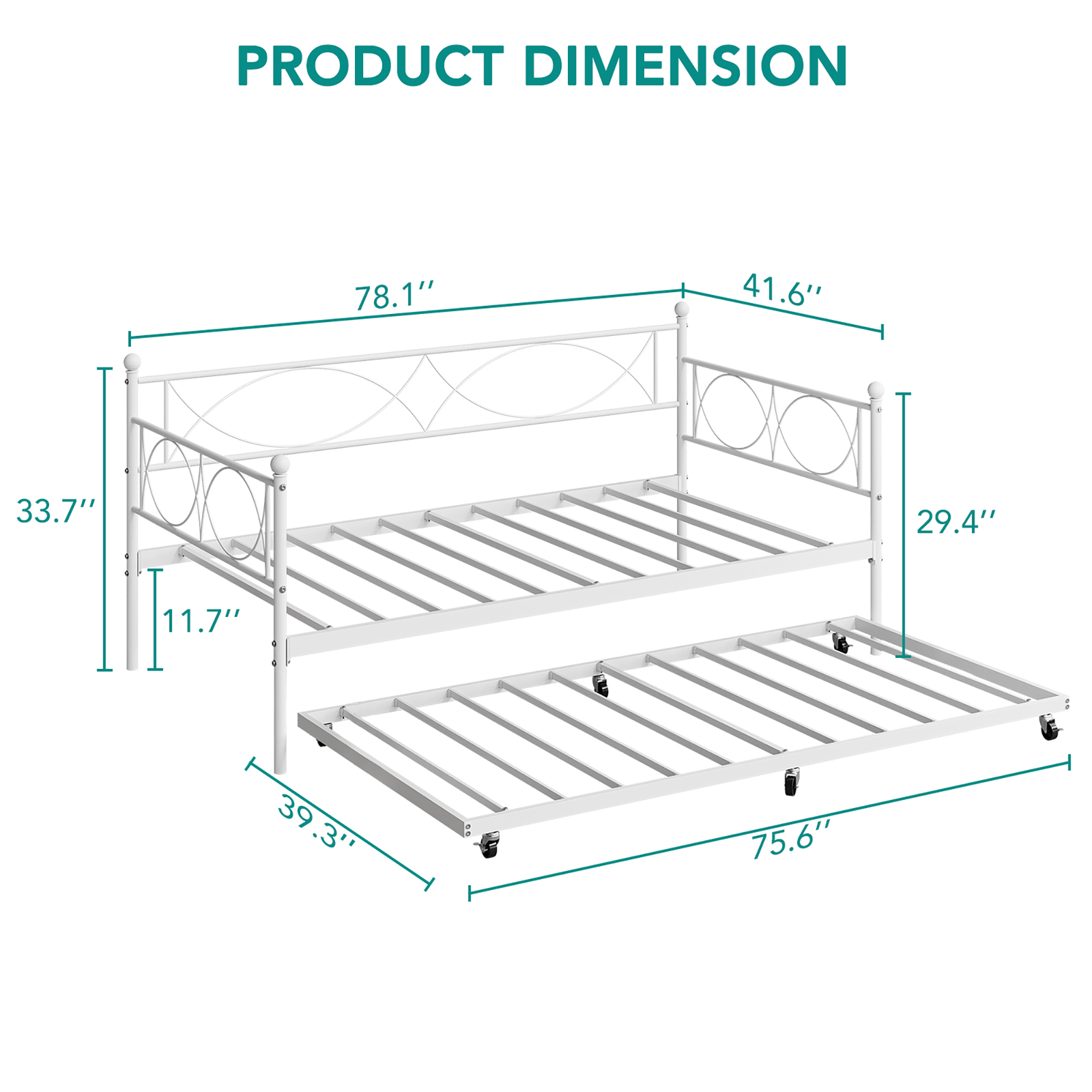 White Metal Twin Daybed with Trundle, Steel Slat Support, Multifunctional Platform Bed Frame for Bedroom, Living Room, Guest Room