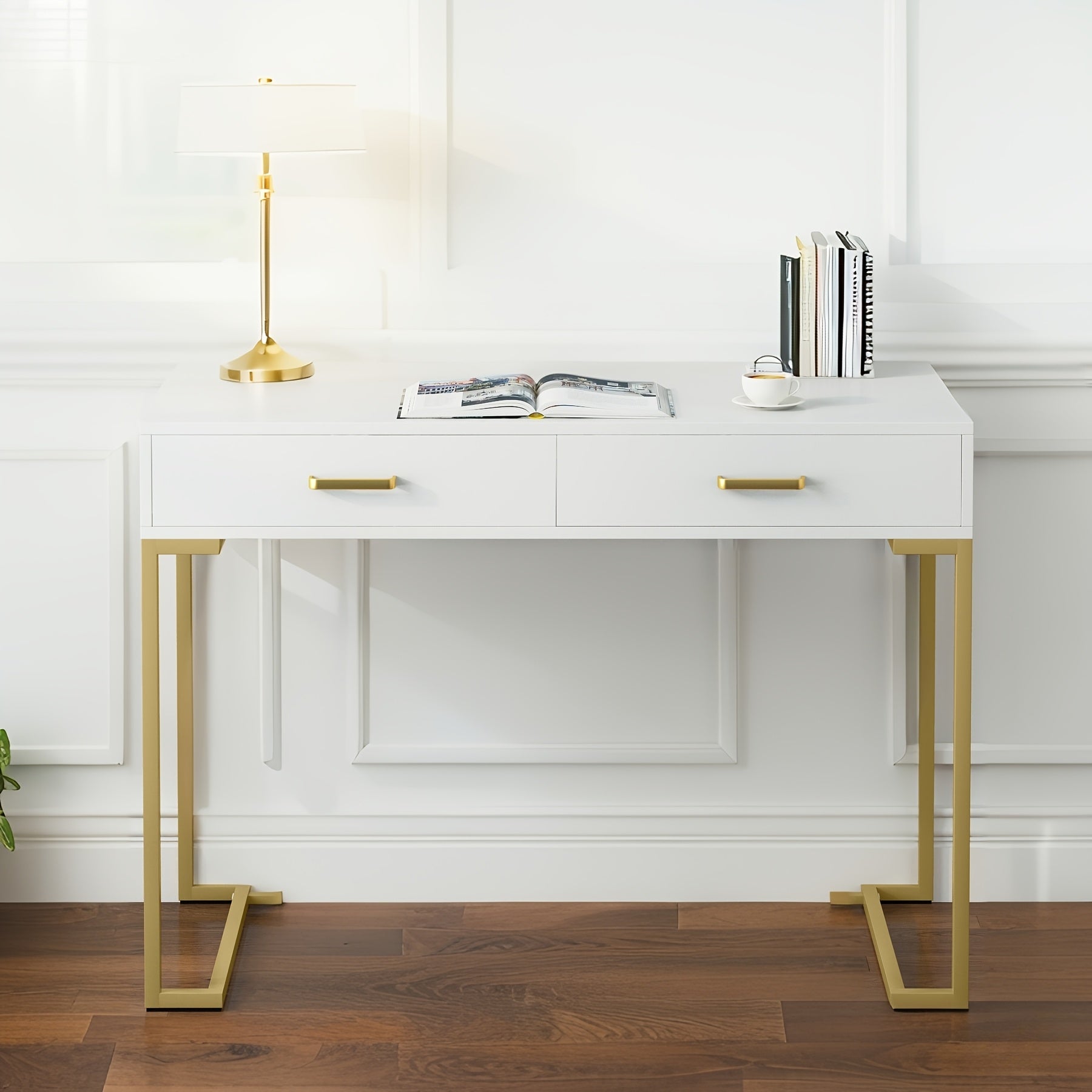 Modern Compact Computer Desk with 2 Drawers - Small Space Desk Suitable for Home Office, Bedside Writing Table, Sturdy Wood & Metal Frame, Spacious Tabletop, Assembly, Contemporary Study Desk